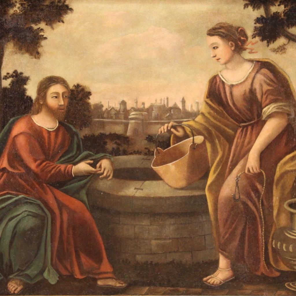 Ancient painting 18th century Italian. Opera and oil on canvas depicting a subject of sacred art Jesus and the Samaritan woman at the well of good pictorial quality. Nice size and pleasant impact painting with wooden frame of the 20th century carved