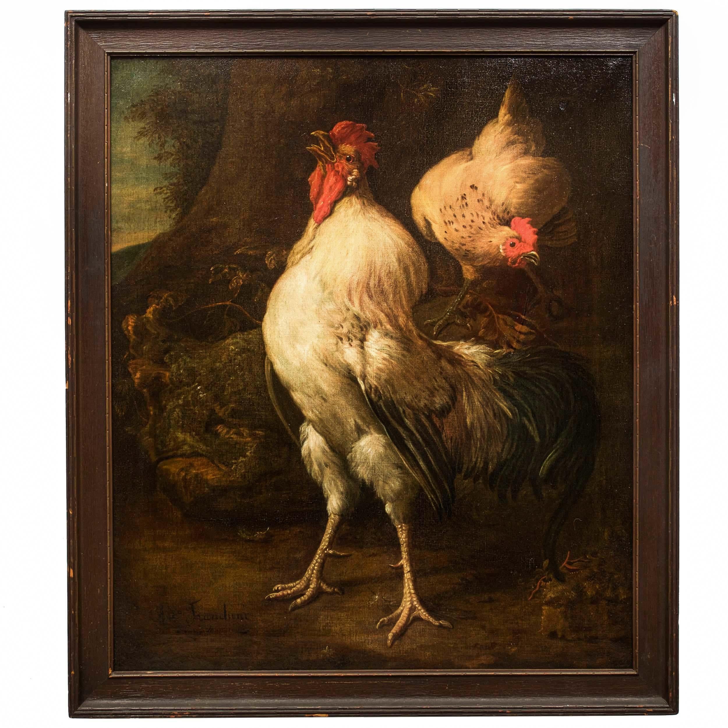 An intricate scene reminiscent of the 17th and 18th century Old Masters, the present composition was used by Antonio Franchini for several of his paintings. Notably, the same scene of just the rooster without the accompanying hen and in a much