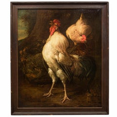 Antique Italian Painting of Rooster "Heralding the Dawn" by Antonio Franchini