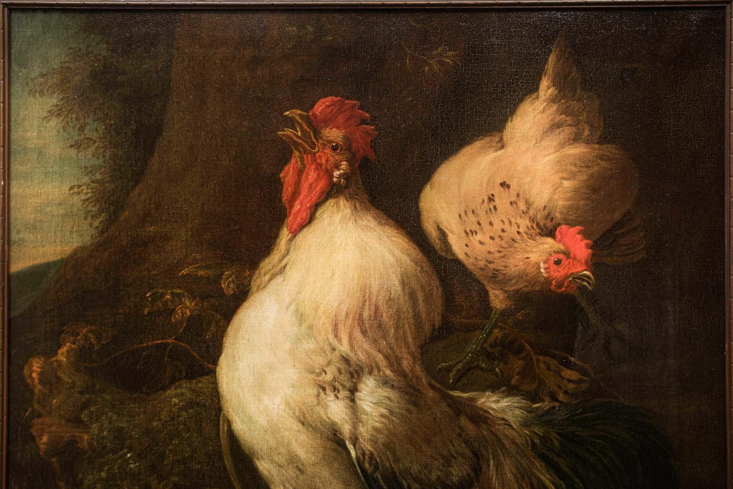 Hand-Painted Antique Italian Painting of Rooster 