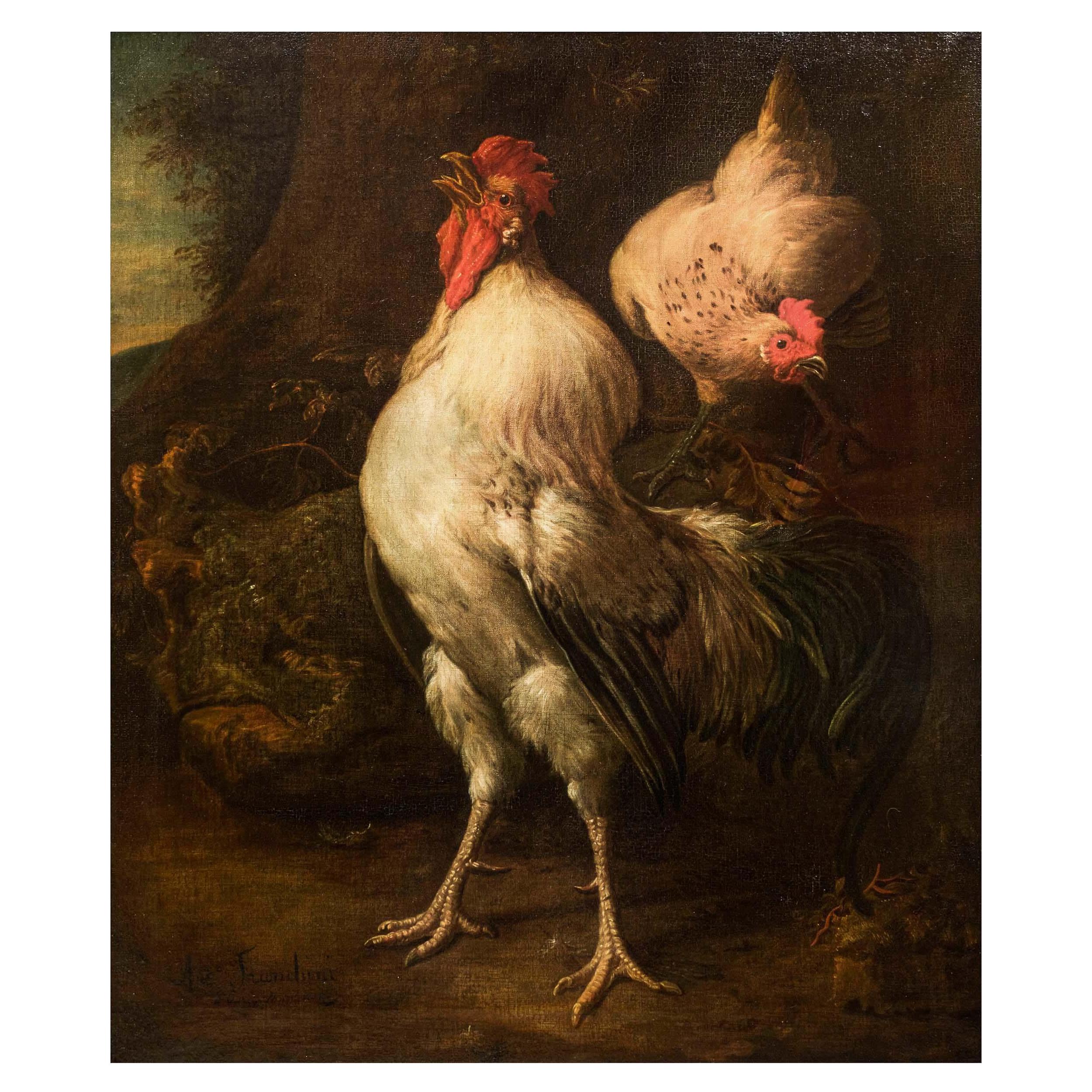 Antique Italian Painting of Rooster "Heralding the Dawn" by Antonio Franchini