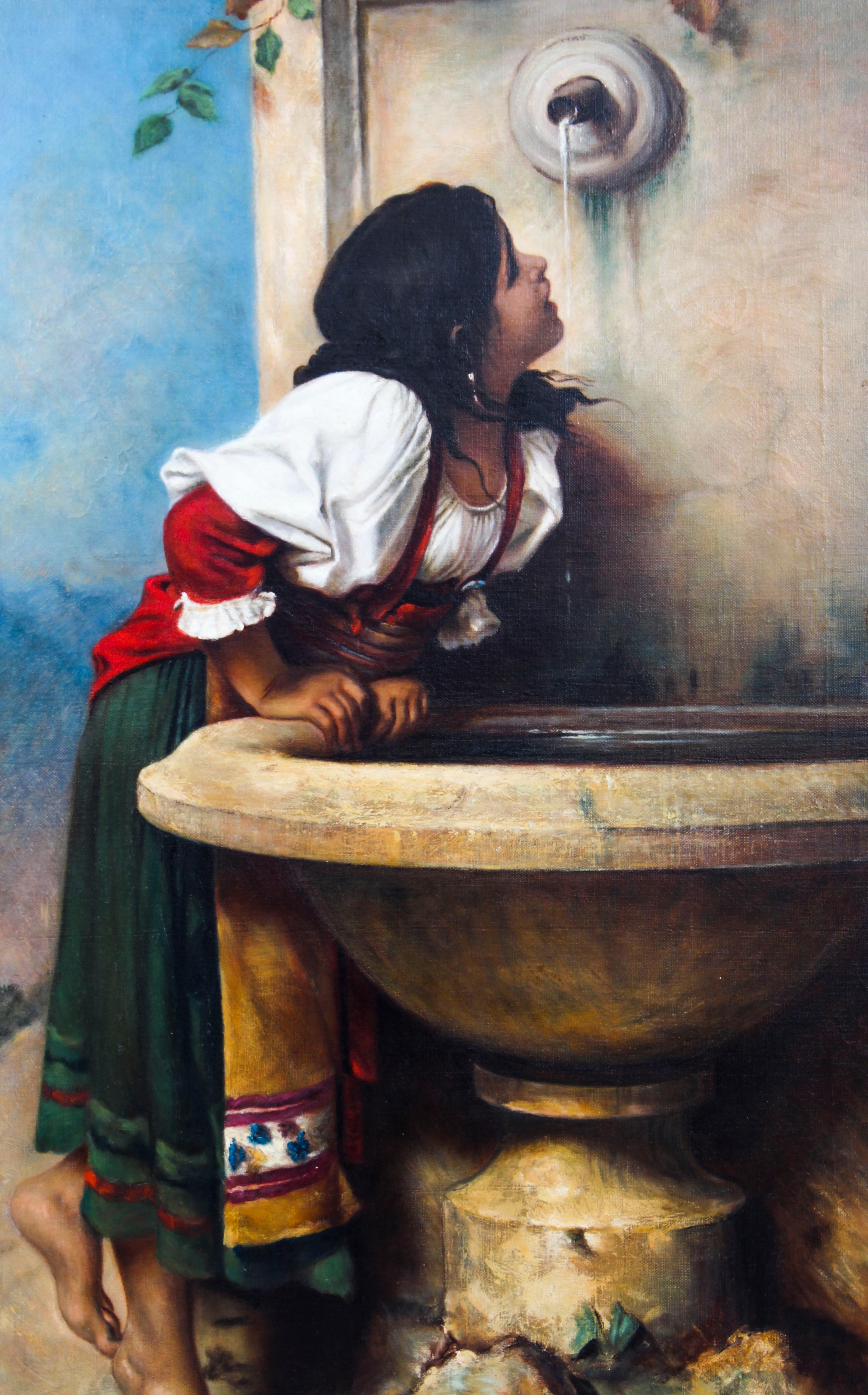 This is a beautiful Italian School antique oil on canvas painting, late 19th century in date.

The painting is of a young lady dressed in splendid 19th century attire, she leans against a beautiful ancient marble fountain drinking water as it falls.
