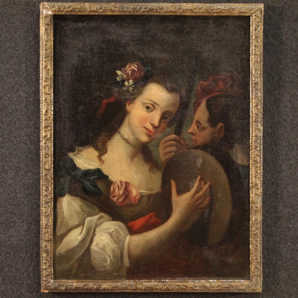 Peinture ancienne italienne du 18ème siècle. Publicité pour un opéra, huile sur toile représentant le portrait d'une fille avec un tambourin, de bonne qualité picturale. Photo de belle taille et décor agréable, pour les antiquaires, les décorateurs