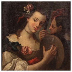 Antique Italian Painting Portrait of a Young Girl from the 18th Century