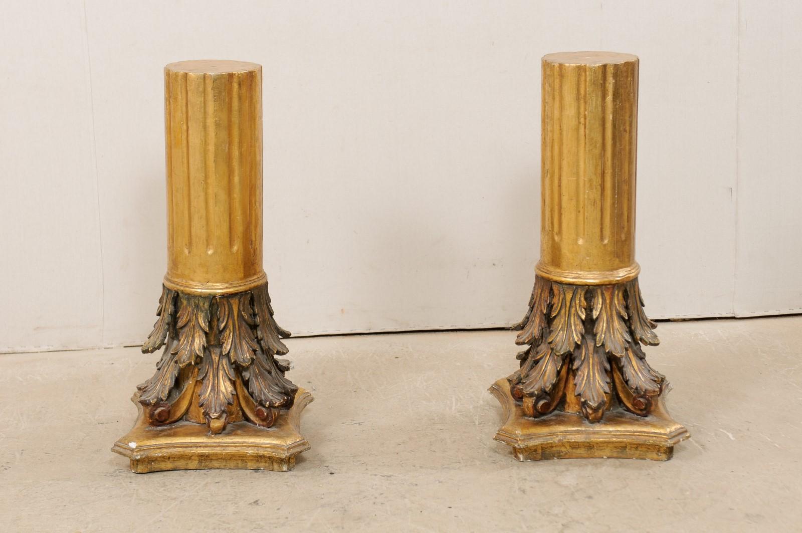 Hand-Carved Antique Italian Pair of Roman Cointhian Style Carved & Giltwood Pedestals For Sale