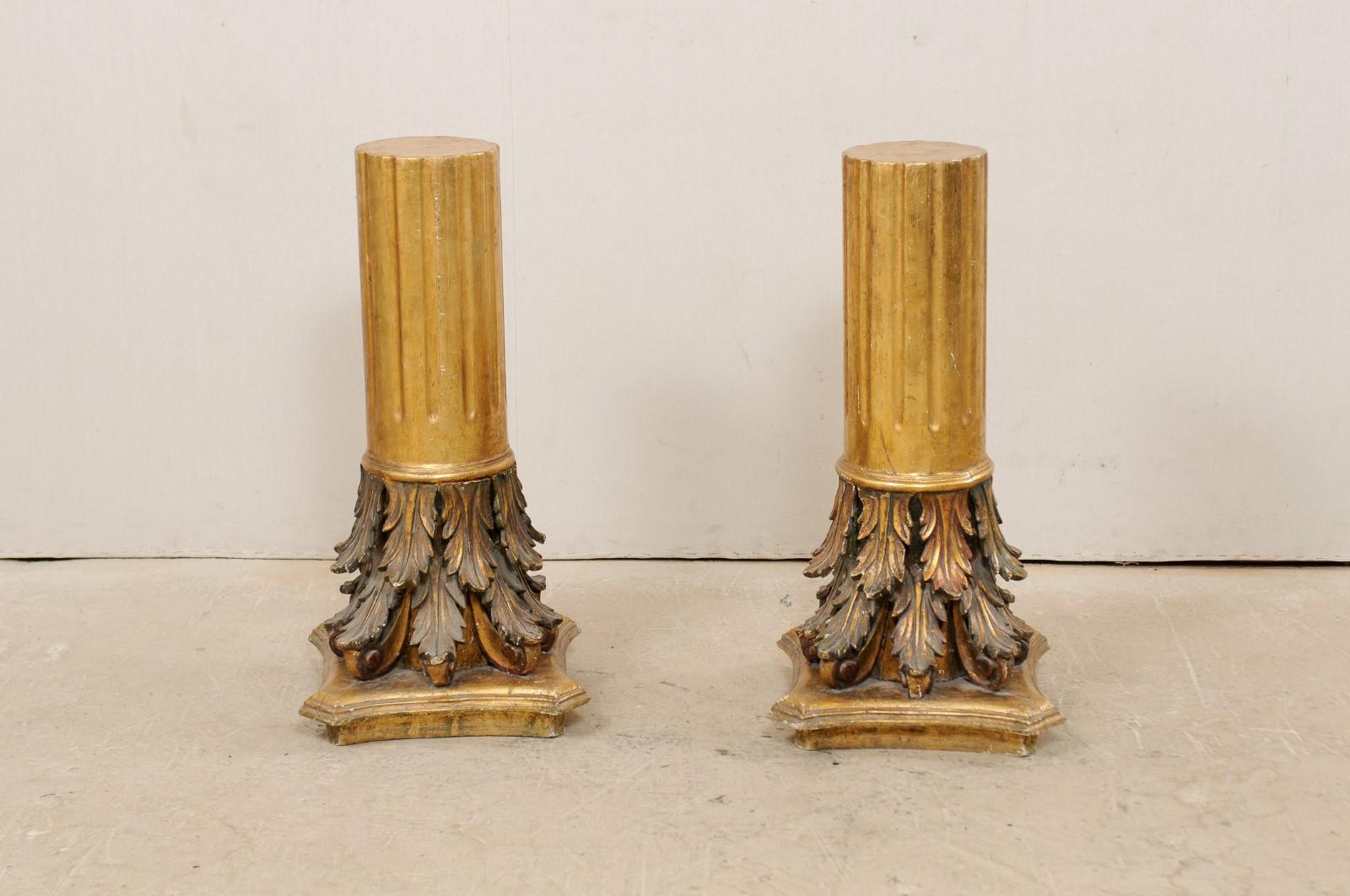 20th Century Antique Italian Pair of Roman Cointhian Style Carved & Giltwood Pedestals For Sale