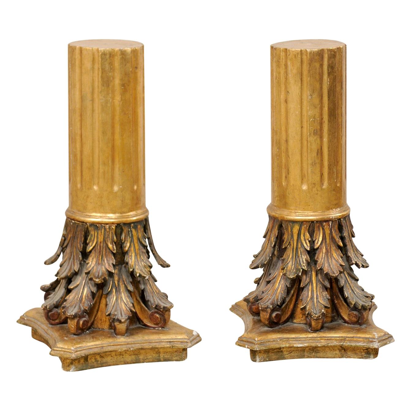 Antique Italian Pair of Roman Cointhian Style Carved & Giltwood Pedestals For Sale
