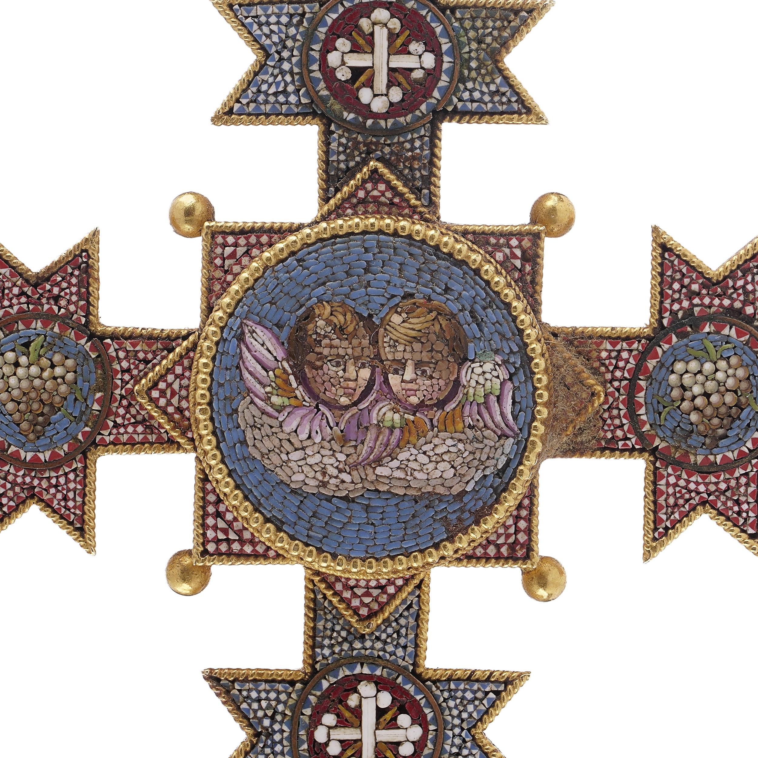 Antique Italian Papal 22K Gold Micro Mosaic Cross Pendant, 1850 - 1860s en vente 6