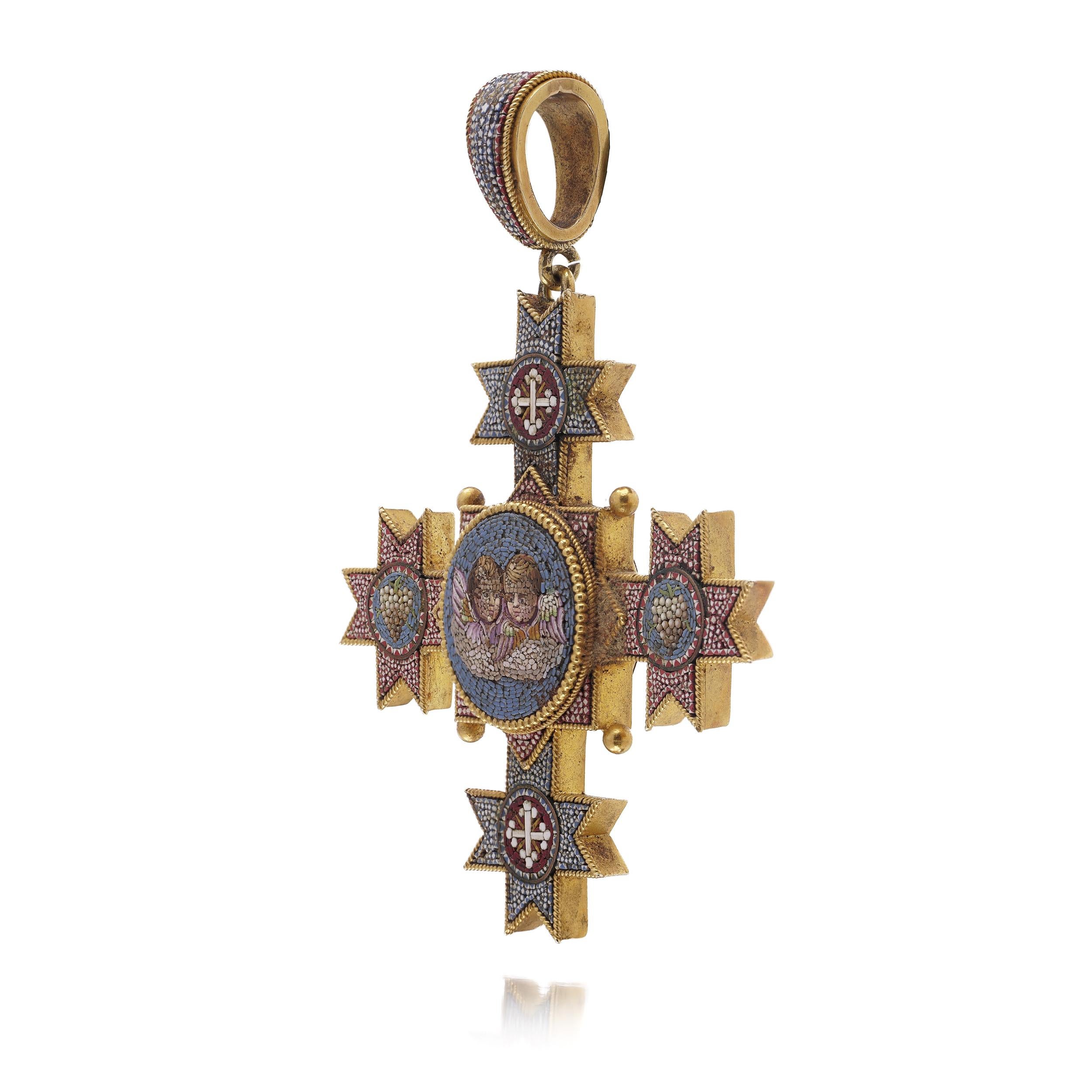 Antique Italian Papal 22K Gold Micro Mosaic Cross Pendant, 1850 - 1860s en vente 1