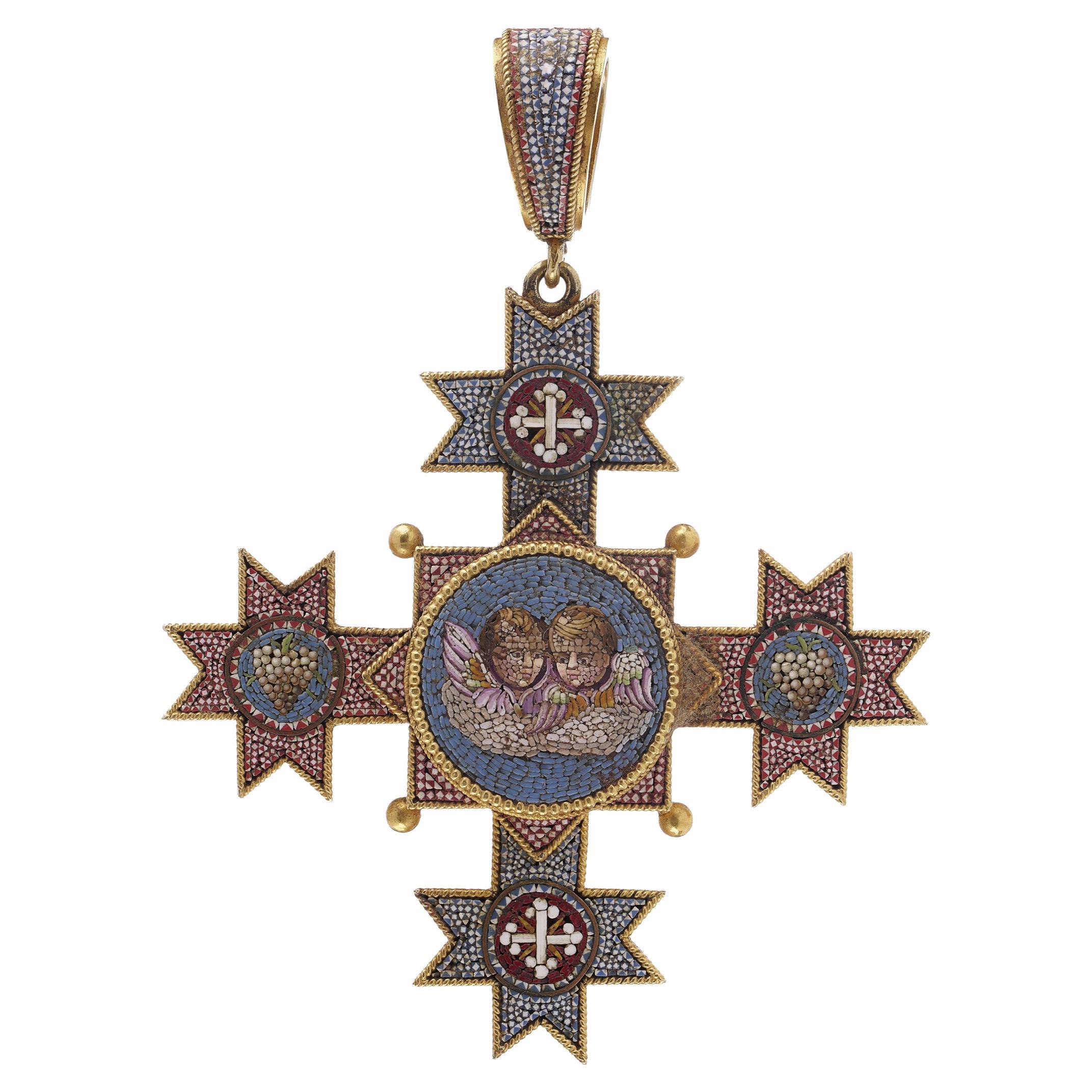 Antique Italian Papal 22K Gold Micro Mosaic Cross Pendant, 1850 - 1860s