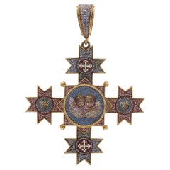 Antique Italian Papal 22K Gold Micro Mosaic Cross Pendant, 1850 - 1860s