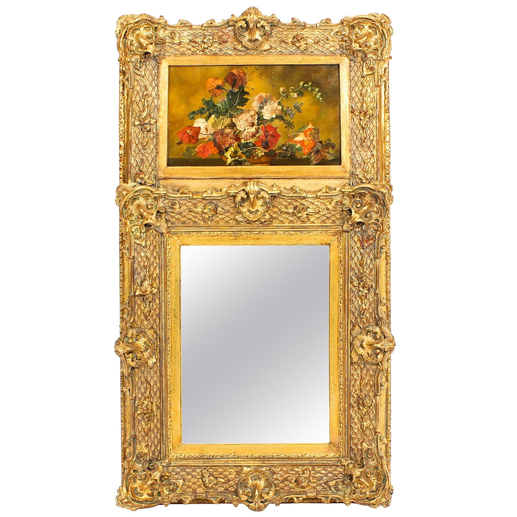 Antique Italian Parcel-Gilt Trumeau Mirror Painting, 19th Century