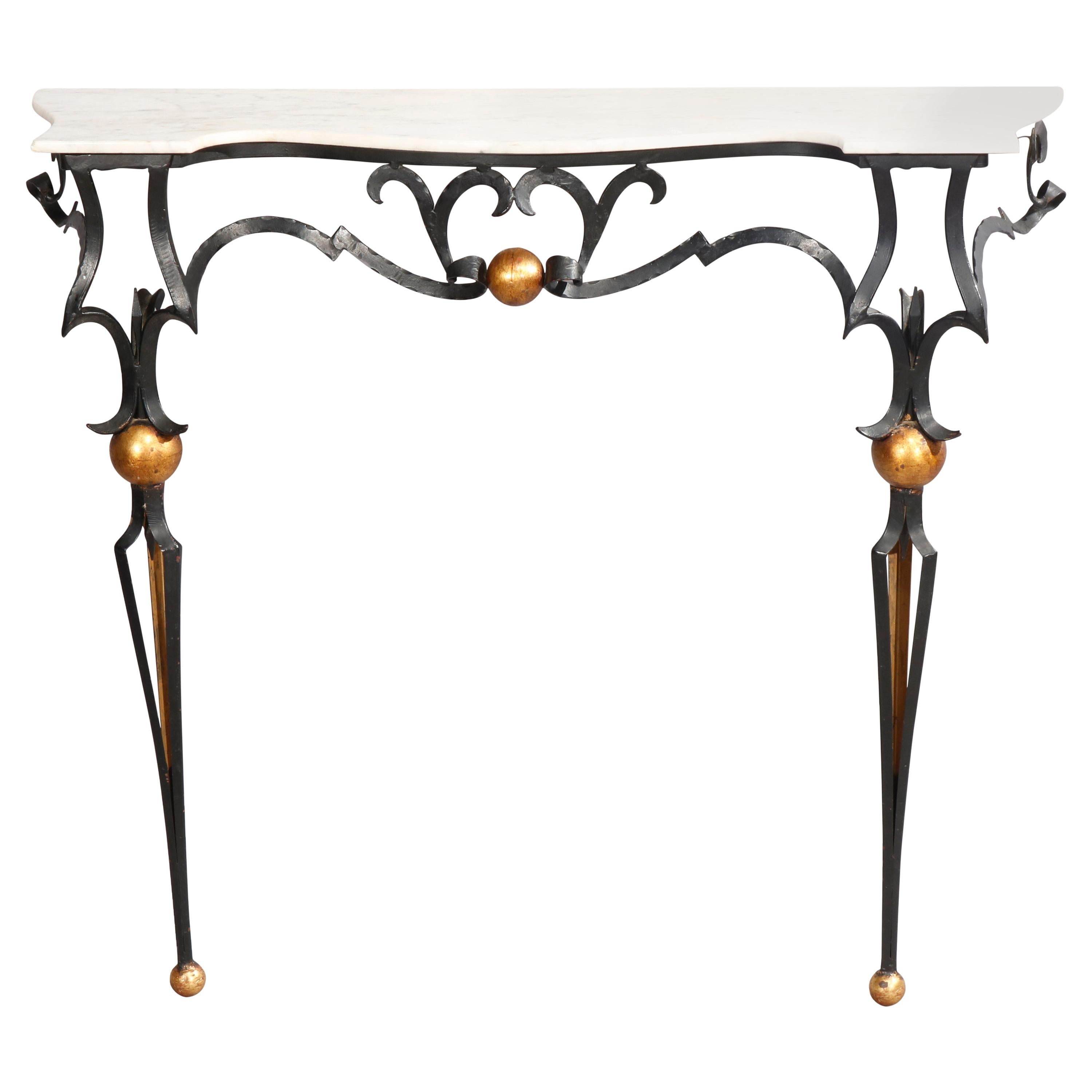 Antique Italian Parcel Gilt Wrought Iron Marble Top Console Table, 20th Century