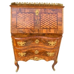Antique Italian Parquet Style Wood Secretary Desk With Brass Accents