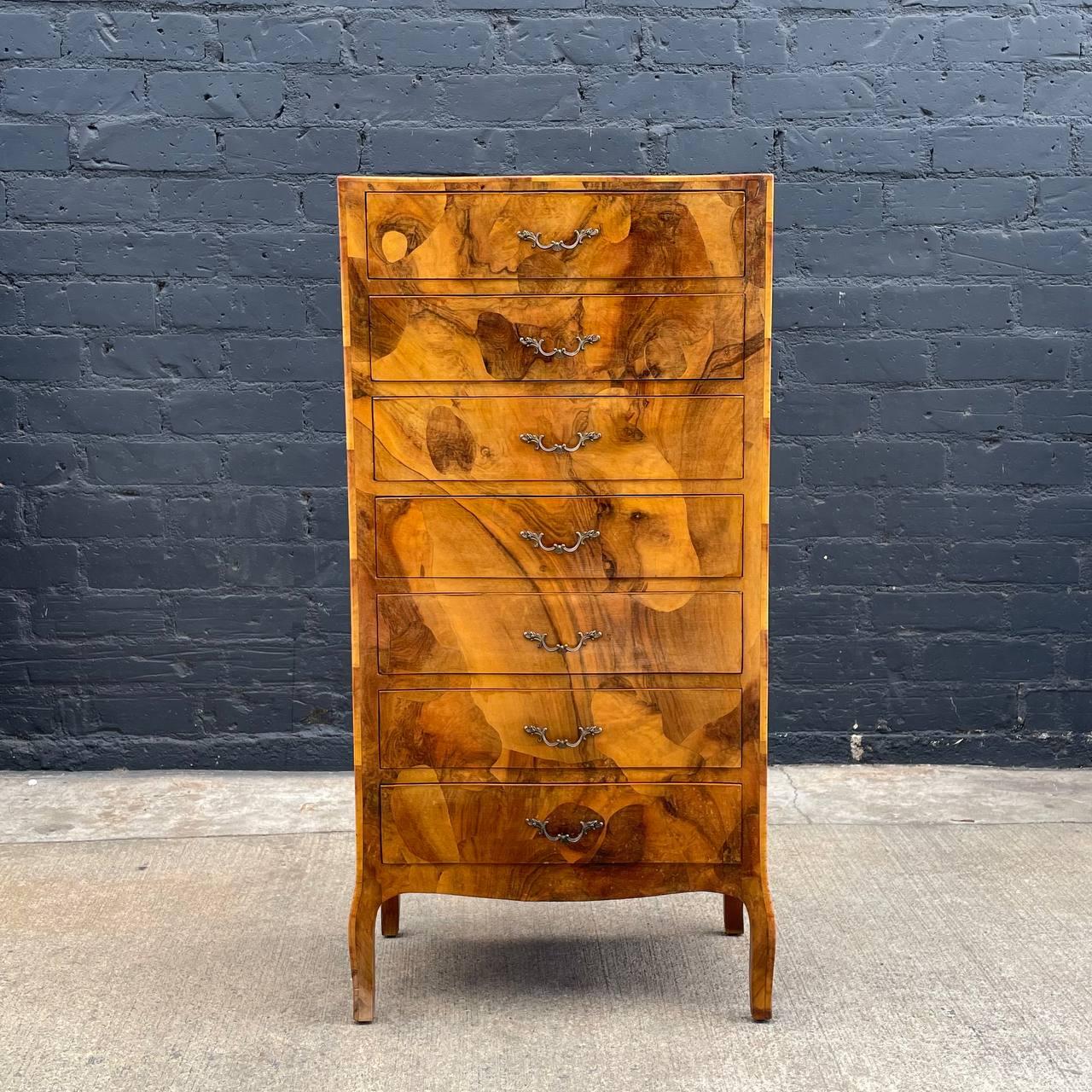 Wood Antique Italian Patchwork Burl Chest of Drawers For Sale