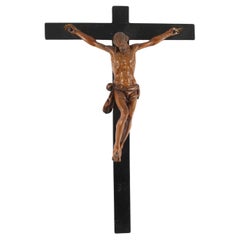 Used Italian Patinated Box-Wood Corpus Christi Altar Cross 17th Century