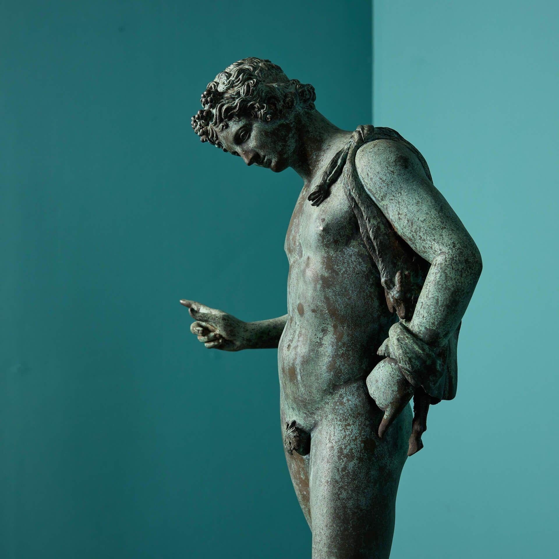 Metal Antique Italian Patinated Bronze Statue of Narcissus