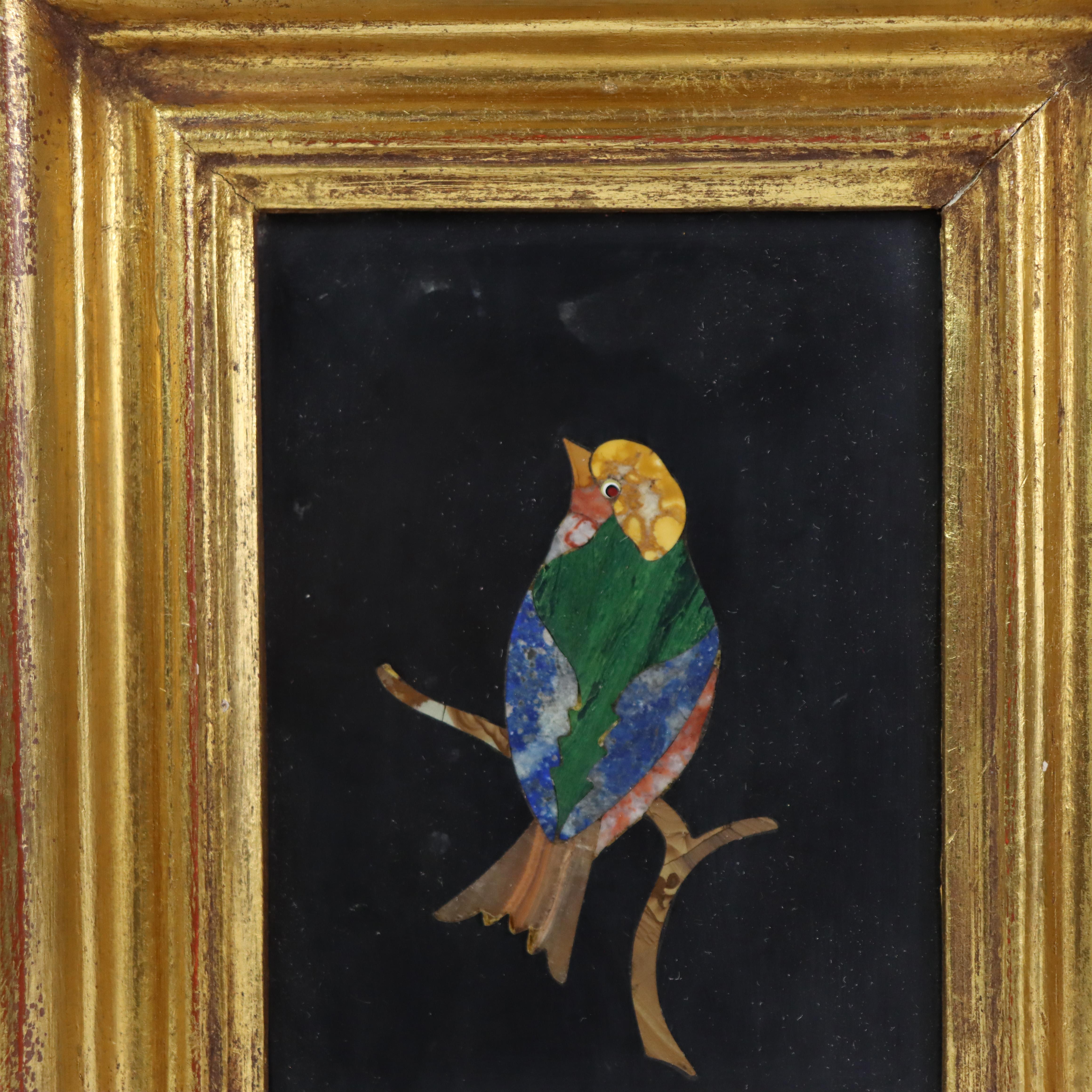 Antique Italian Pietra Dura Bird Mosaic, Framed, C1920.   
7 7/8