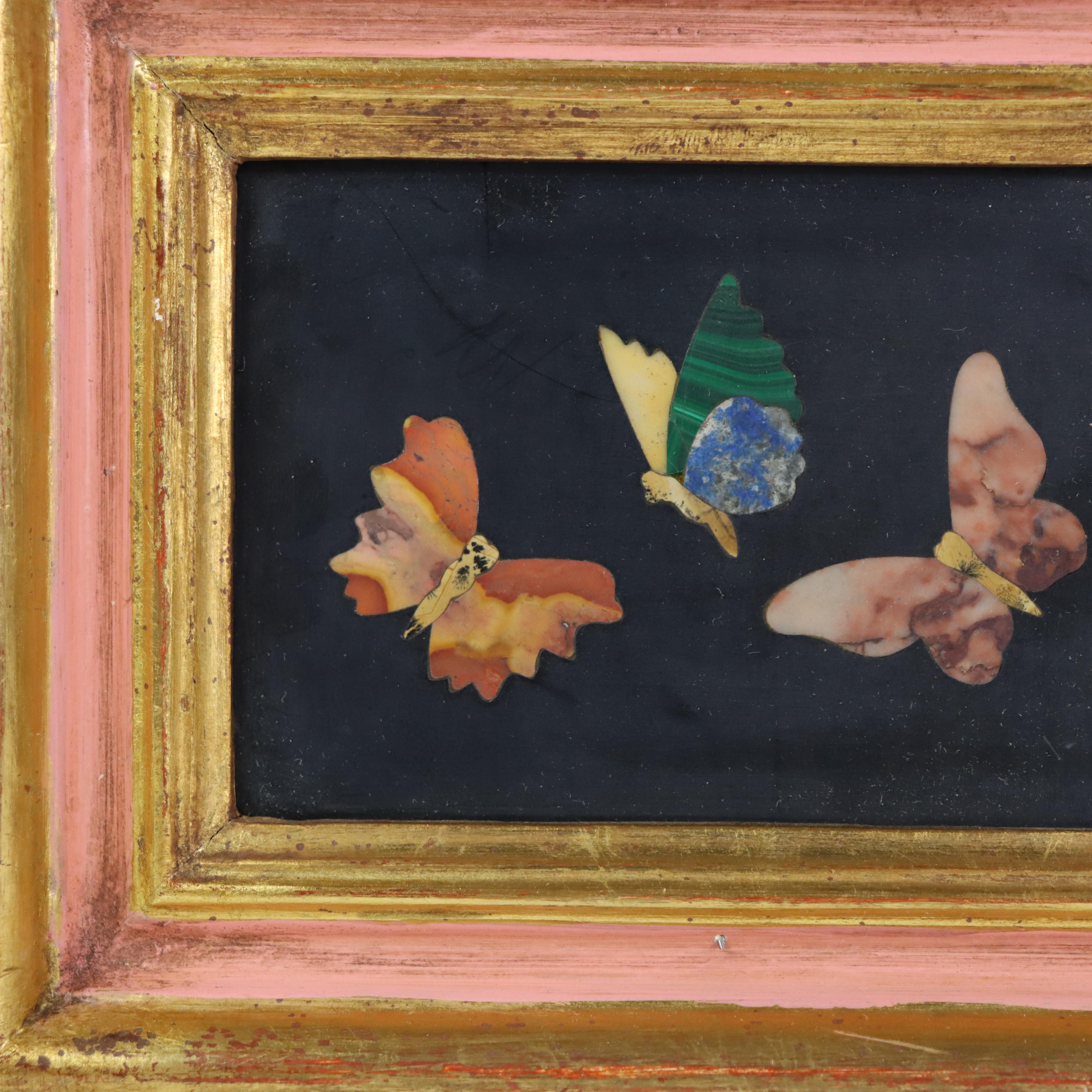 Antique Italian Pietra Dura Butterfly Mosaic, Framed, C1920.   
6 1/4