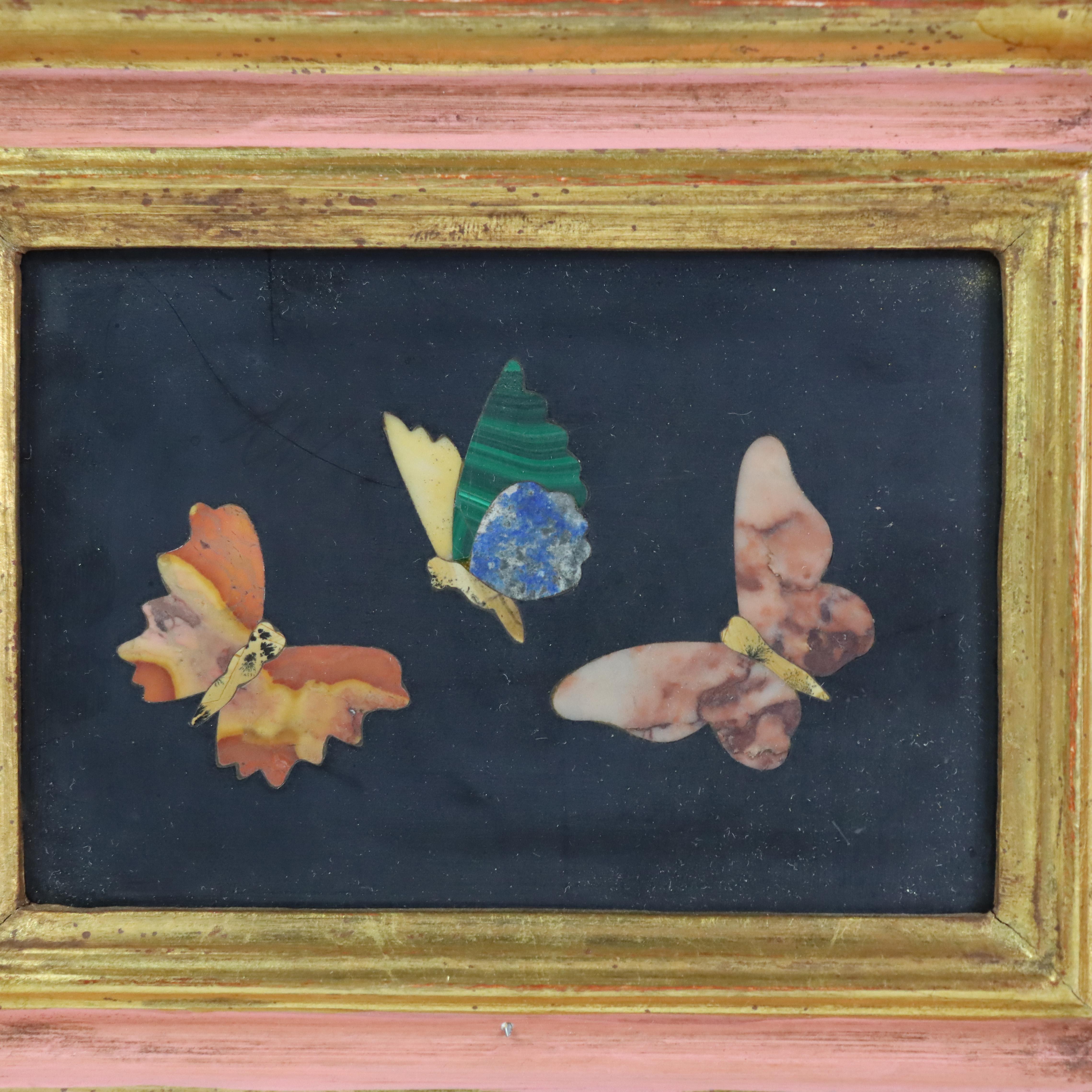 Antique Italian Pietra Dura Butterfly Mosaic, Framed, C1920 In Good Condition In Big Flats, NY
