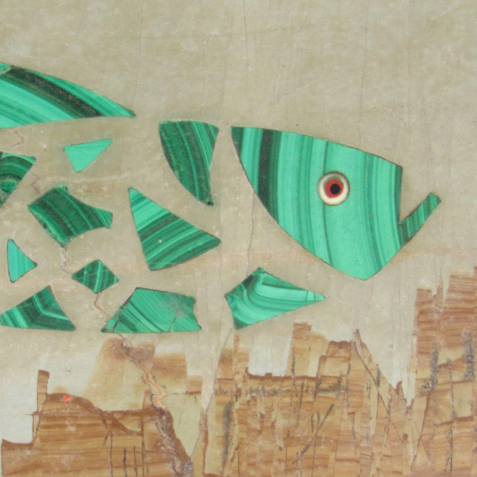 Whimsical antique Italian Pietra Dura fish plaque
Measures: 3 1/8 x 5 5/8 x 3/16 inches.