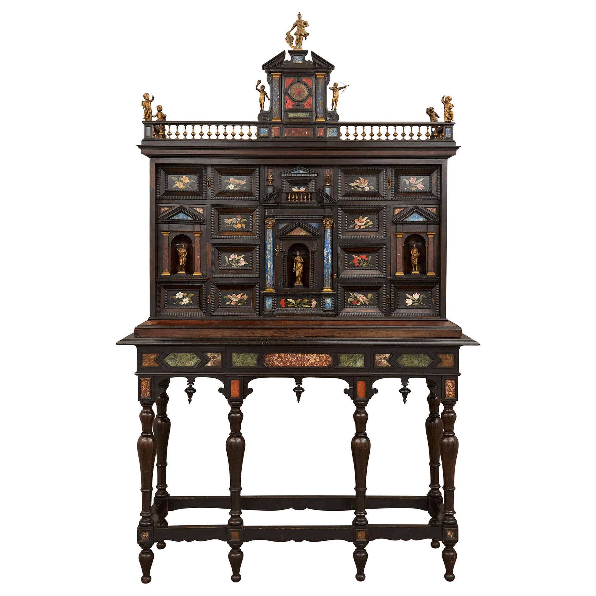 Antico gabinetto italiano in pietra dura e legno ormeggiato su cavalletto in vendita