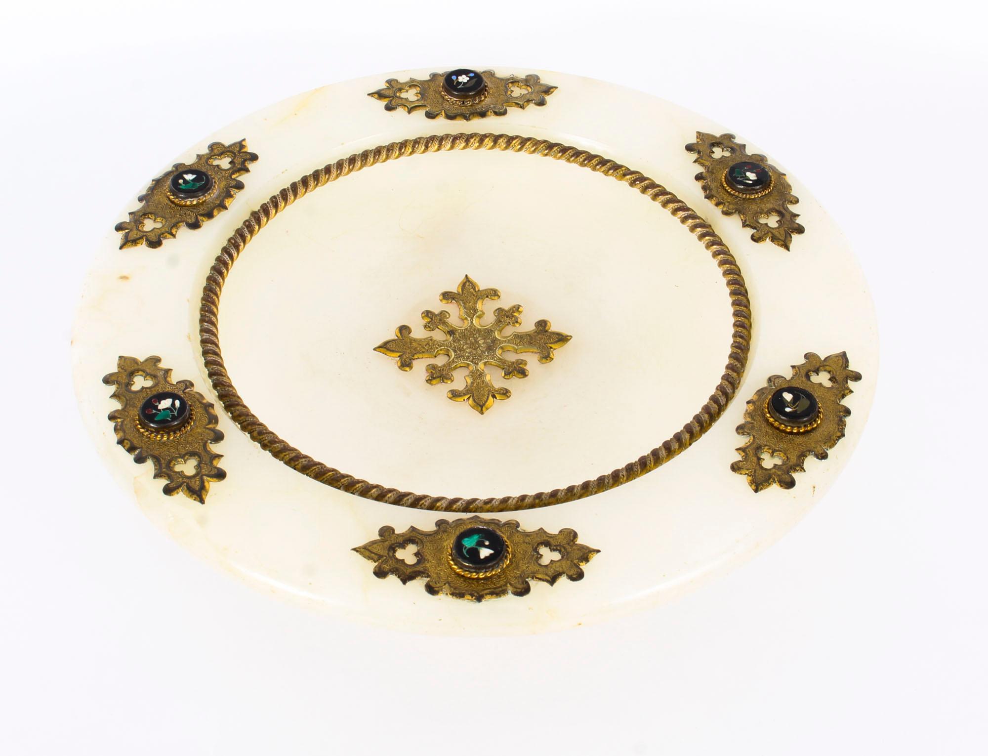Gilt Italian Pietra Dura Mounted Brass and Alabaster Comport Dish, 19th Century For Sale