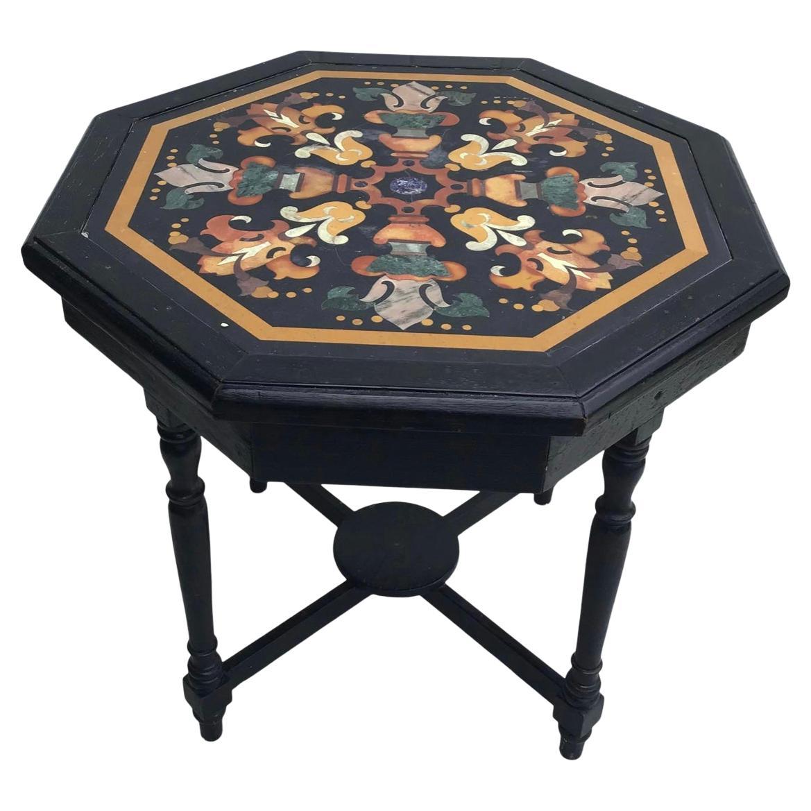 Ancienne table centrale octogonale italienne Pietra Dura