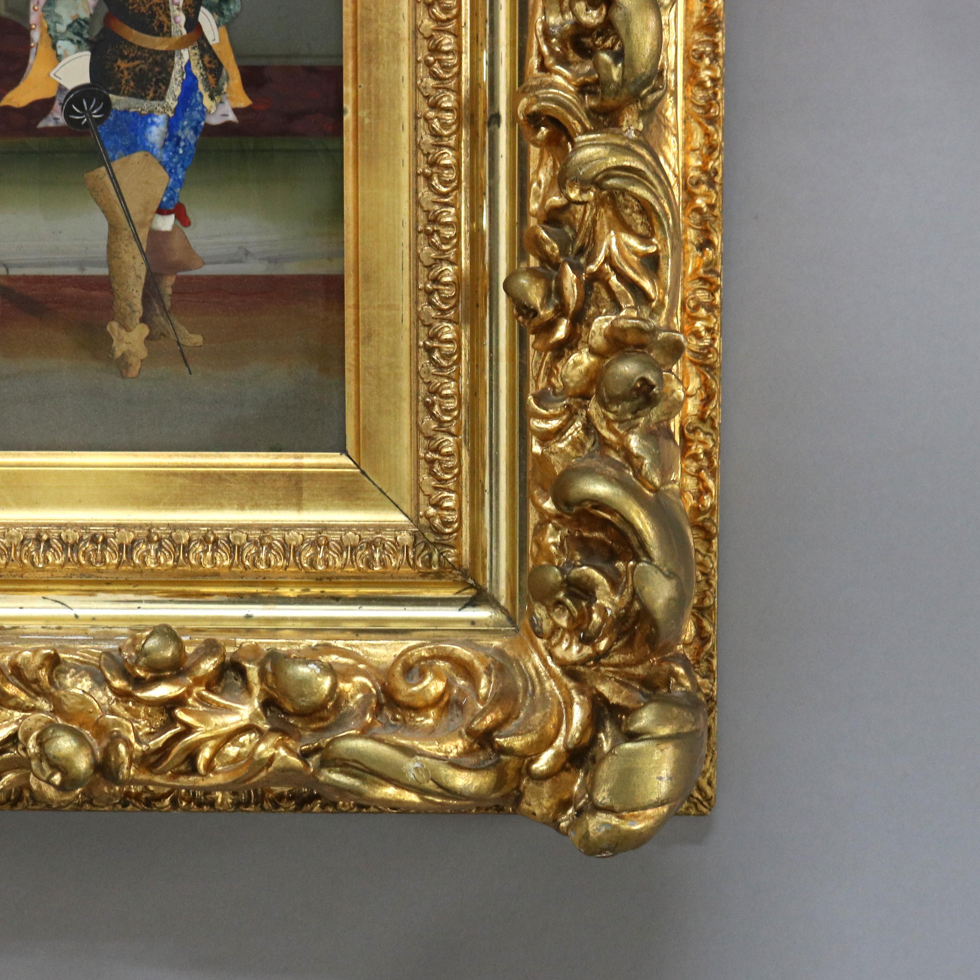 19th Century Antique Italian Pietra Dura Portrait Plaque of Conquistador Giltwood Frame C1890