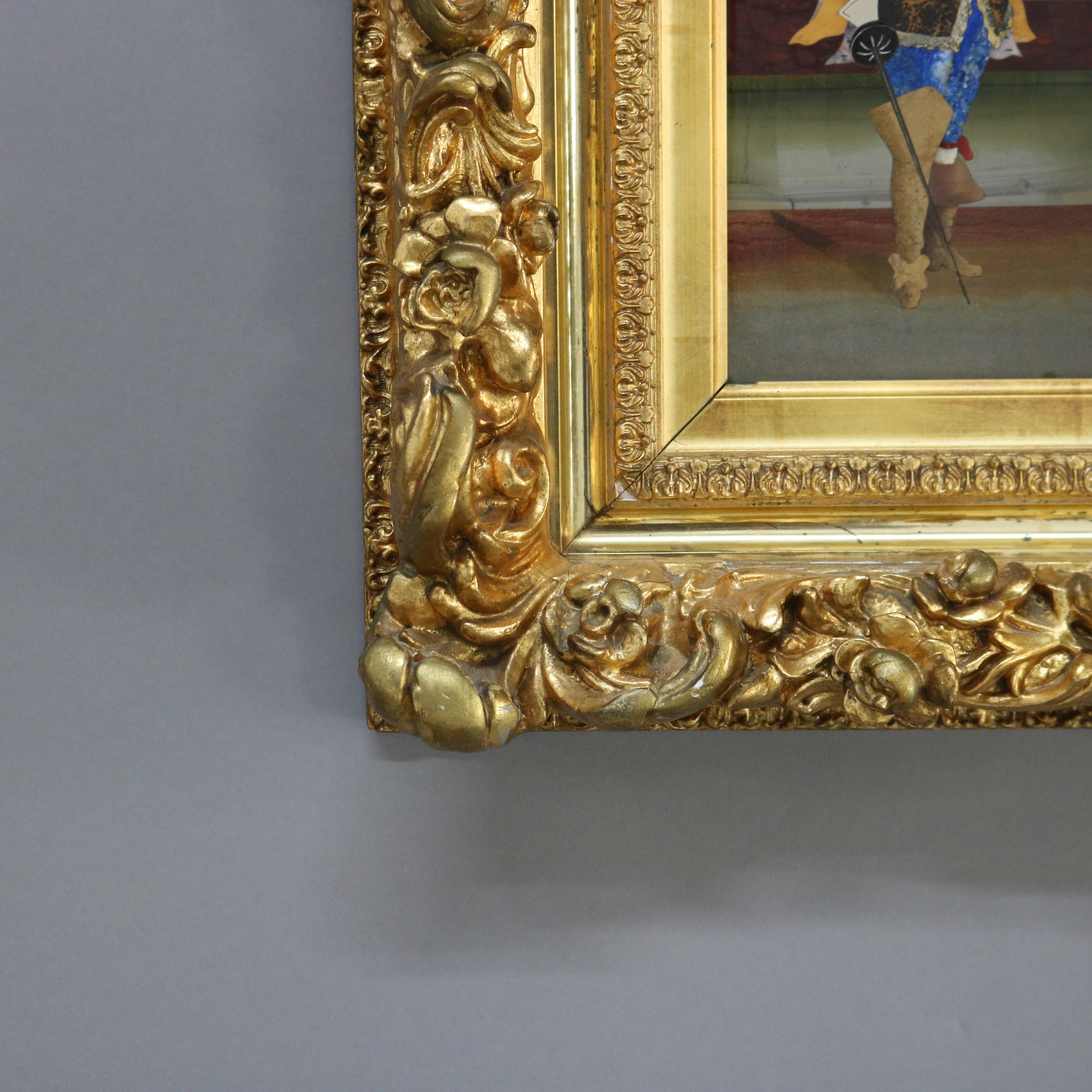 Antique Italian Pietra Dura Portrait Plaque of Conquistador Giltwood Frame C1890 1