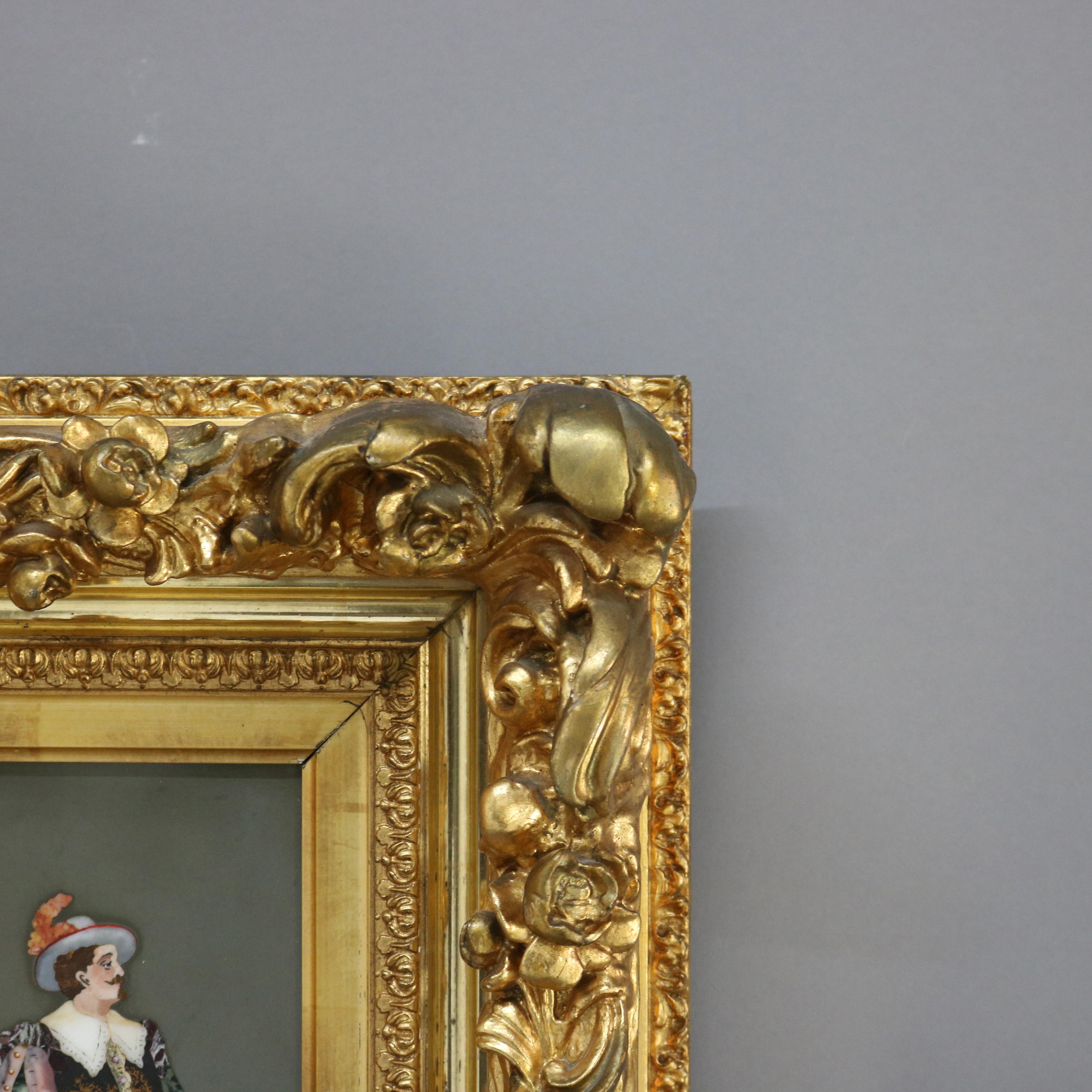 Antique Italian Pietra Dura Portrait Plaque of Conquistador Giltwood Frame C1890 3