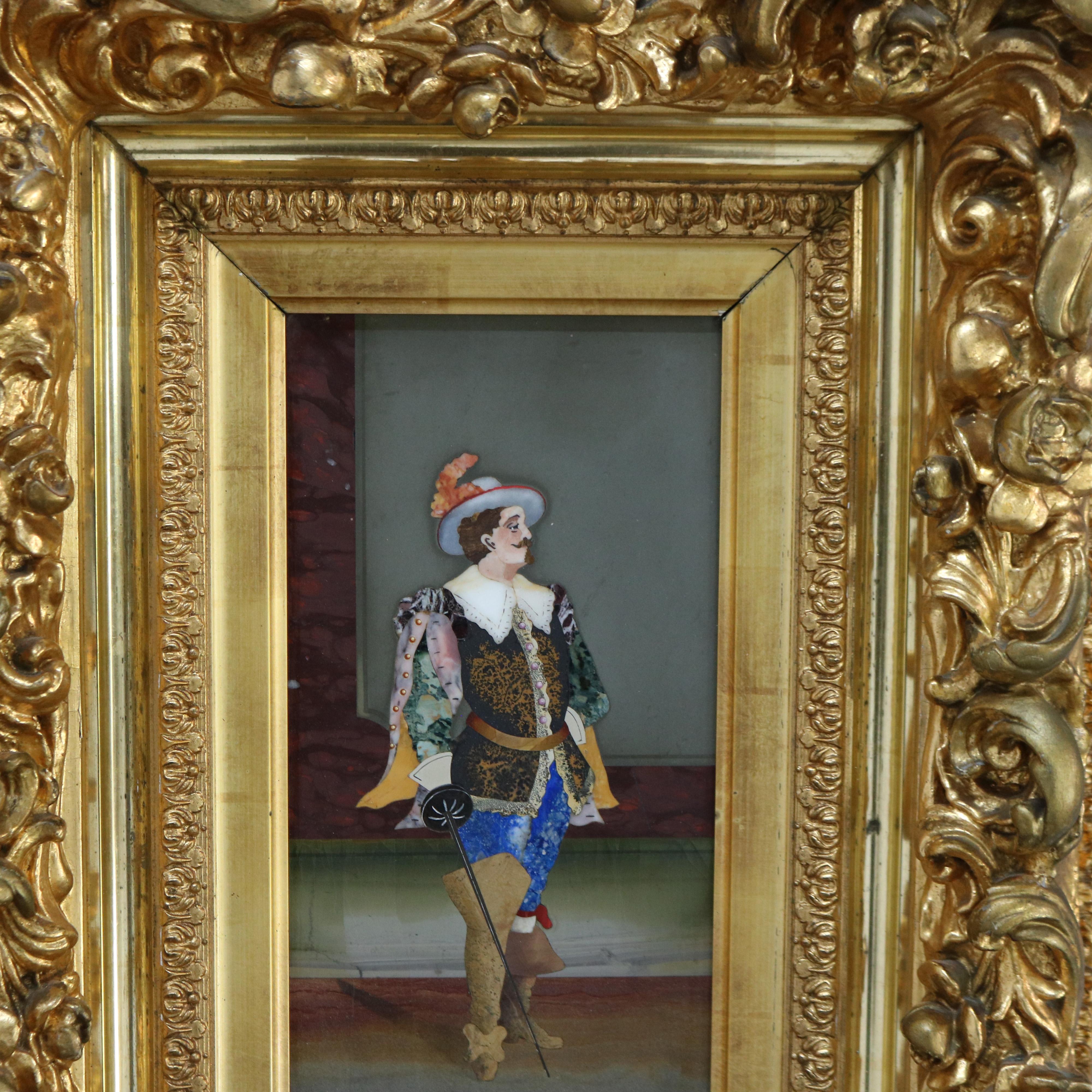 Antique Italian Pietra Dura Portrait Plaque of Conquistador Giltwood Frame C1890 4