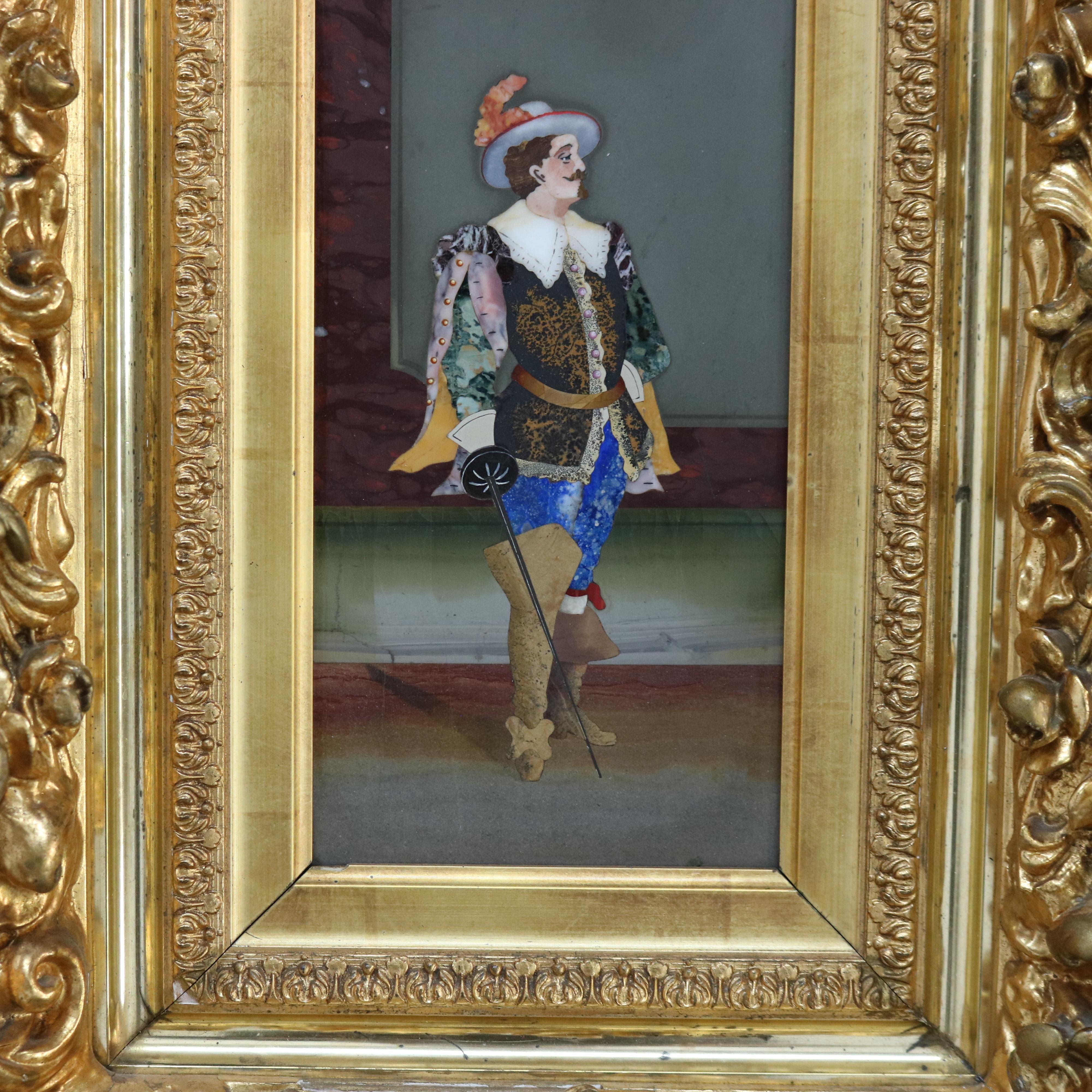 Antique Italian Pietra Dura Portrait Plaque of Conquistador Giltwood Frame C1890 5