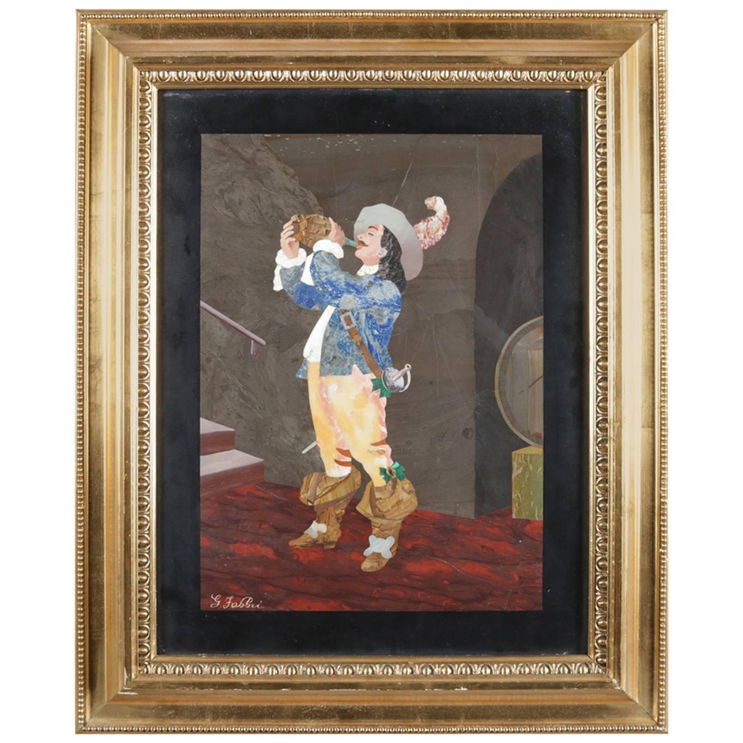 Antike italienische Pietra Dura-Porträtplakette von Mann und Wein, signiert G. Fabbri, signiert