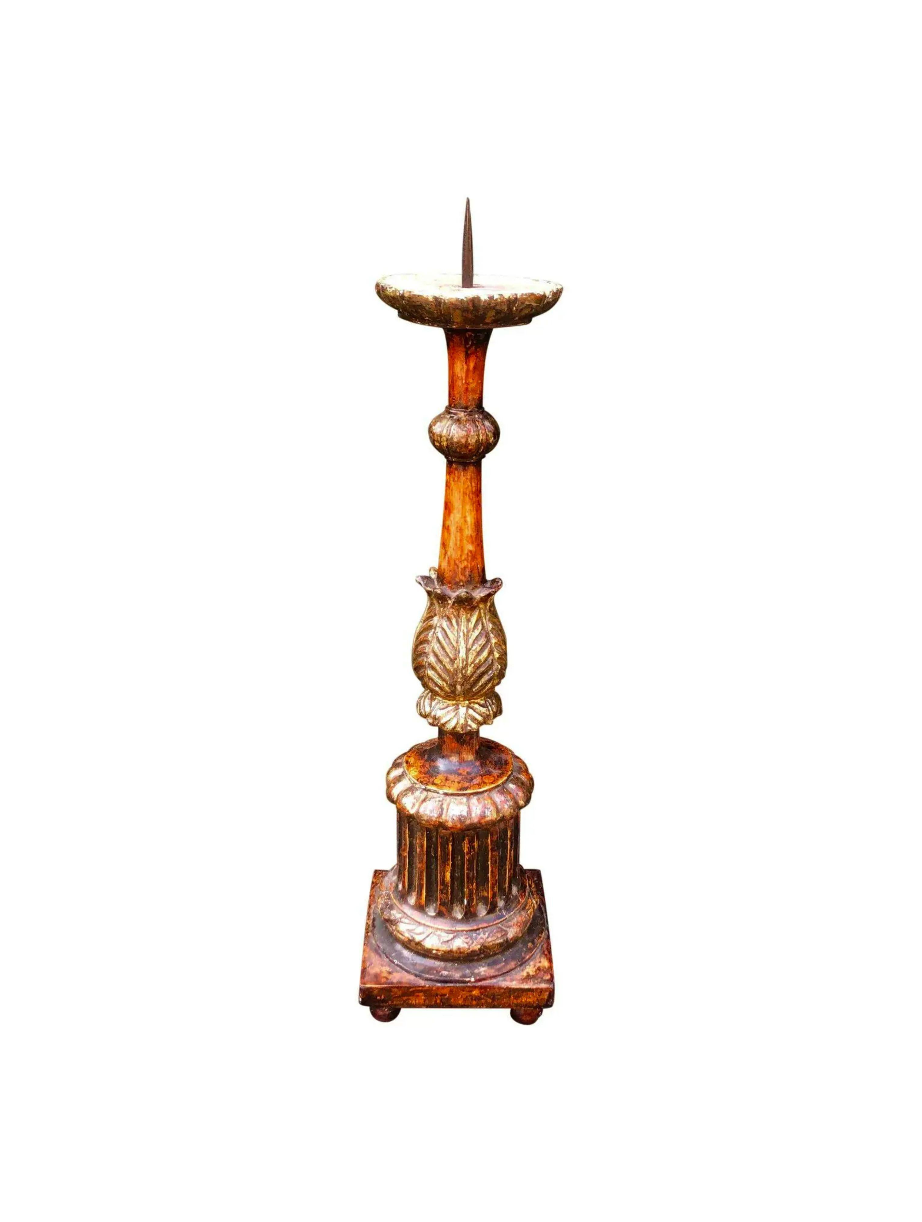 18th Century and Earlier Antique Italian Polychrome and Giltwood Alter Candlestick, 18th Century For Sale