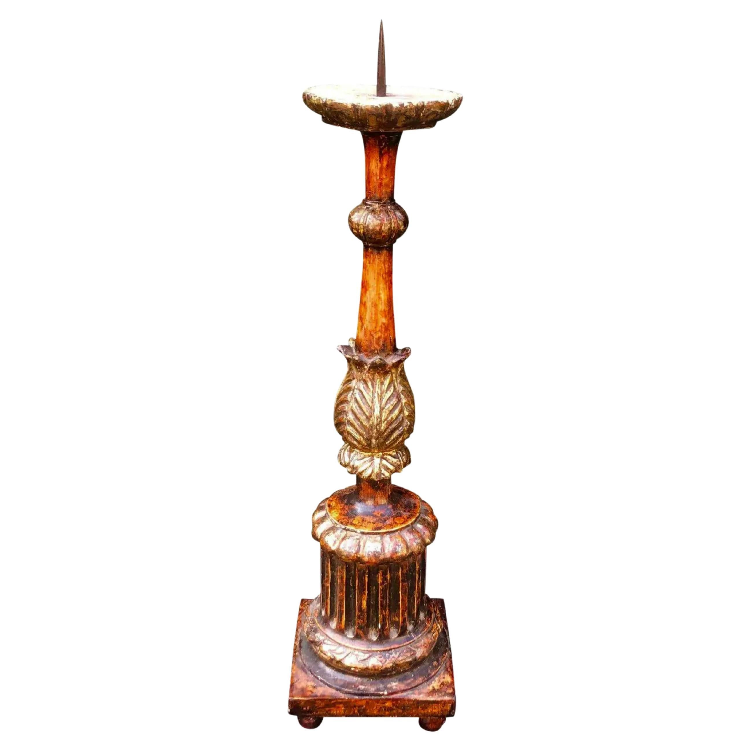 Antique Italian Polychrome and Giltwood Alter Candlestick, 18th Century For Sale