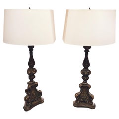 Antique Italian Polychrome Pricket Table Lamps - A Pair