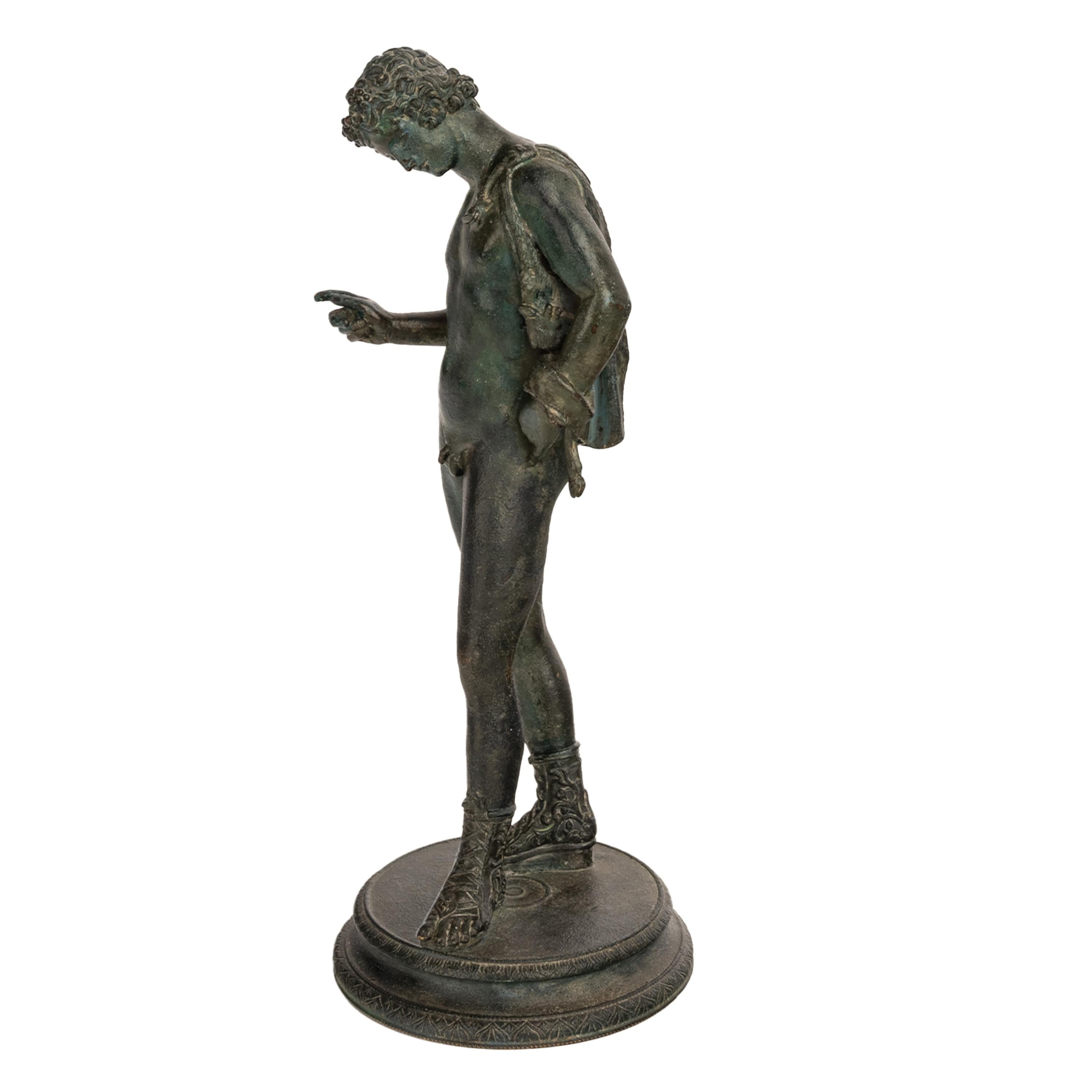 Classical Roman Antique Italian Pompeii Grand Tour Bronze Statue Narcissus Michele Amodio 1862 For Sale