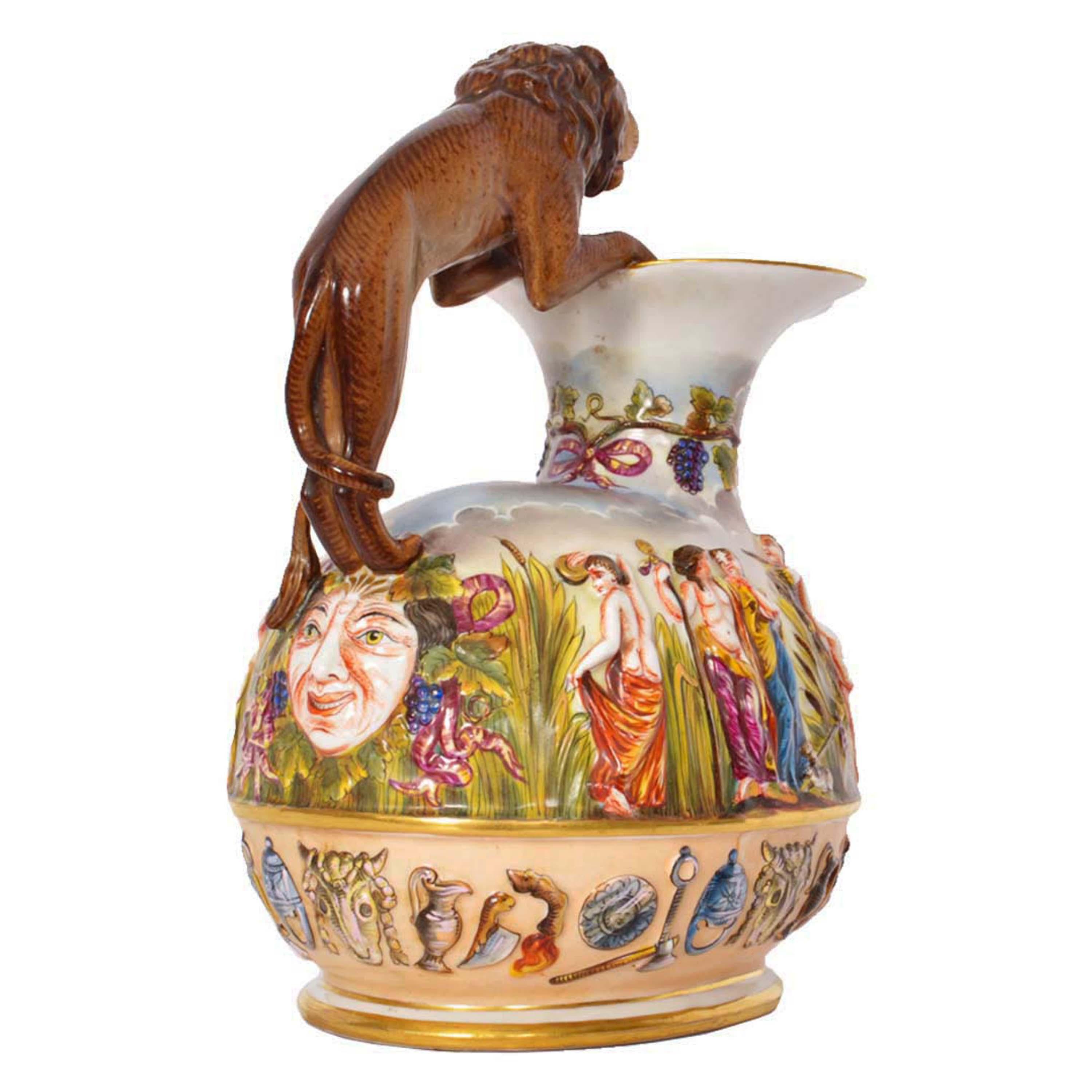 Antique Italian Porcelain Capodimonte Porcelain Lion Handle Pitcher Jug, 1880 3