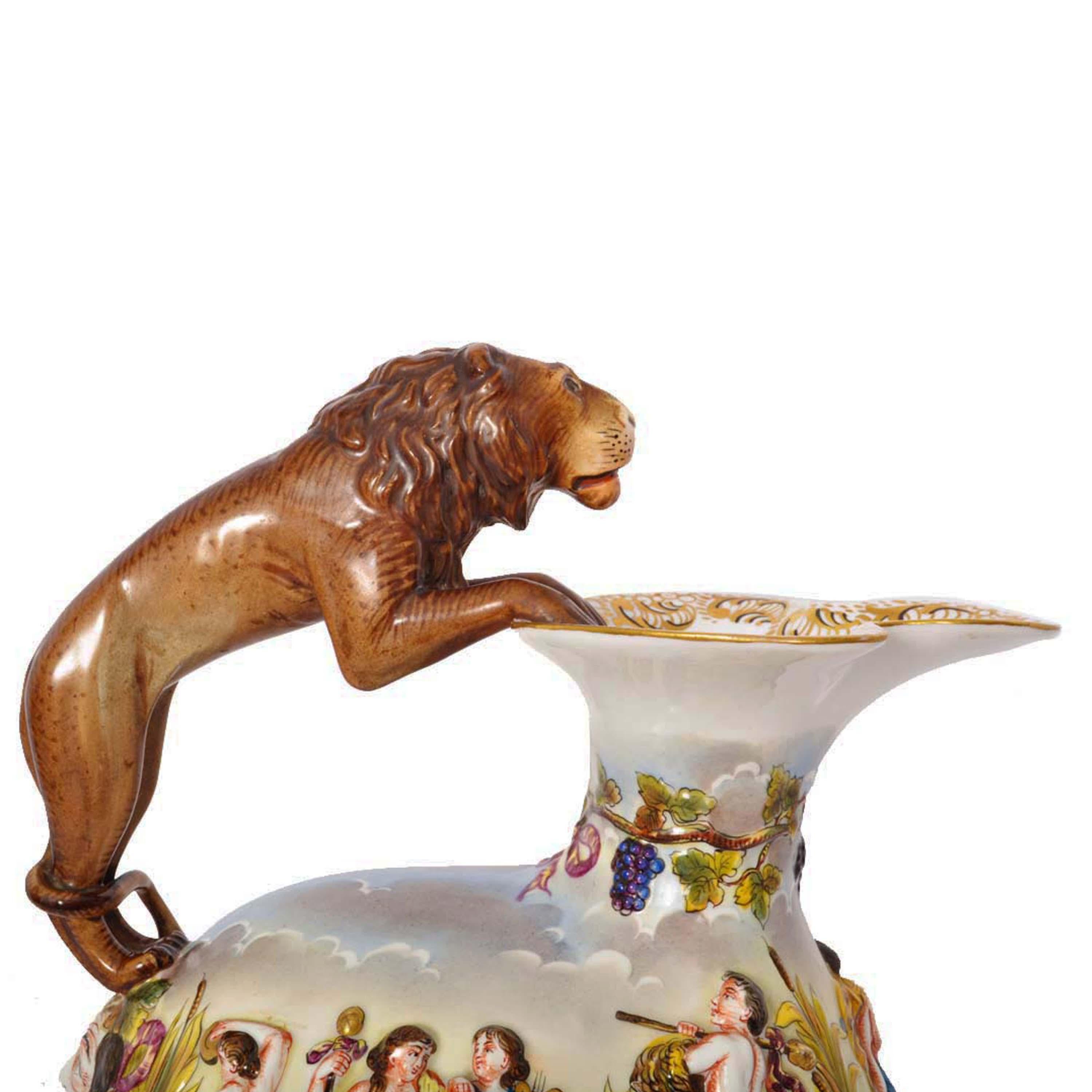 Antique Italian Porcelain Capodimonte Porcelain Lion Handle Pitcher Jug, 1880 4
