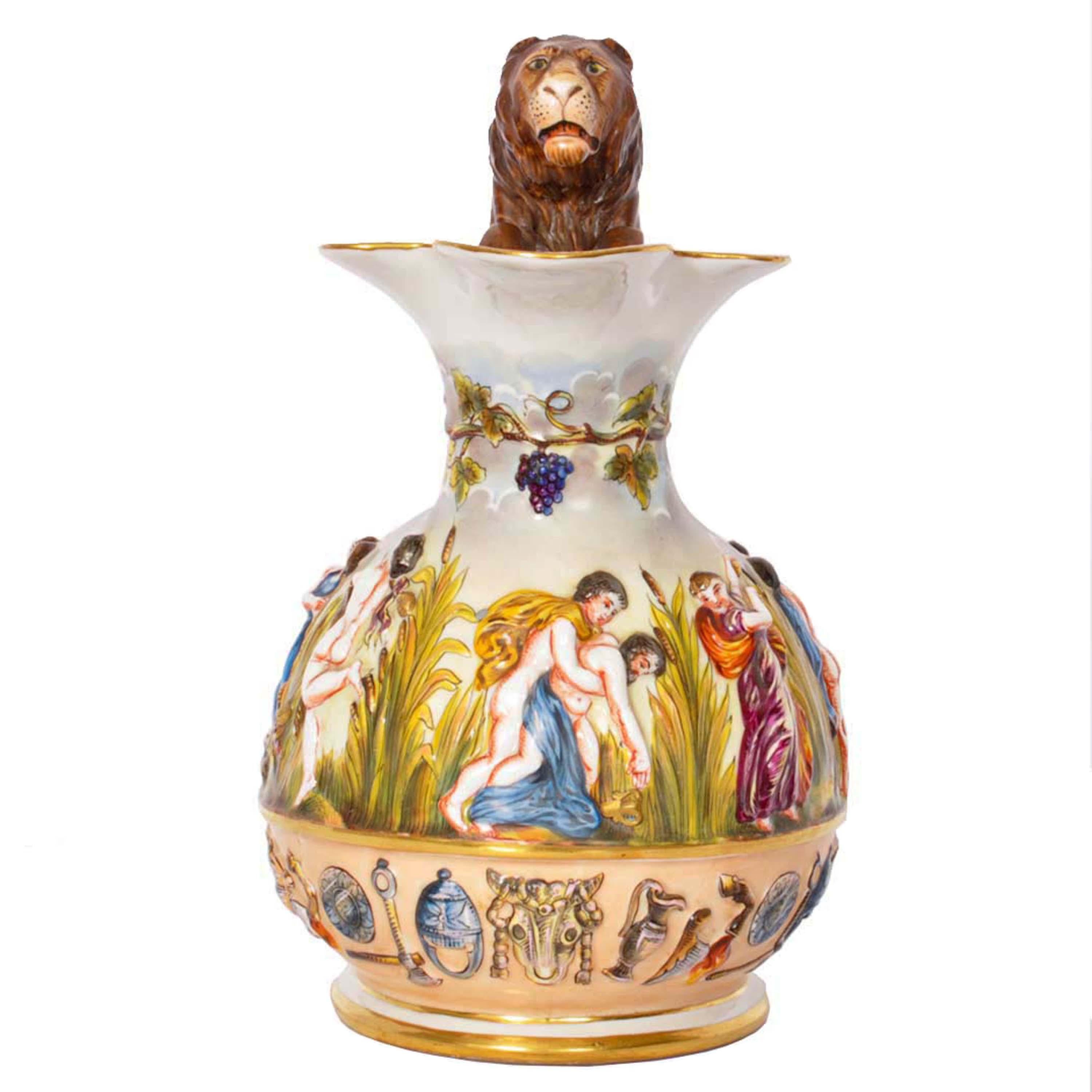 Glazed Antique Italian Porcelain Capodimonte Porcelain Lion Handle Pitcher Jug, 1880