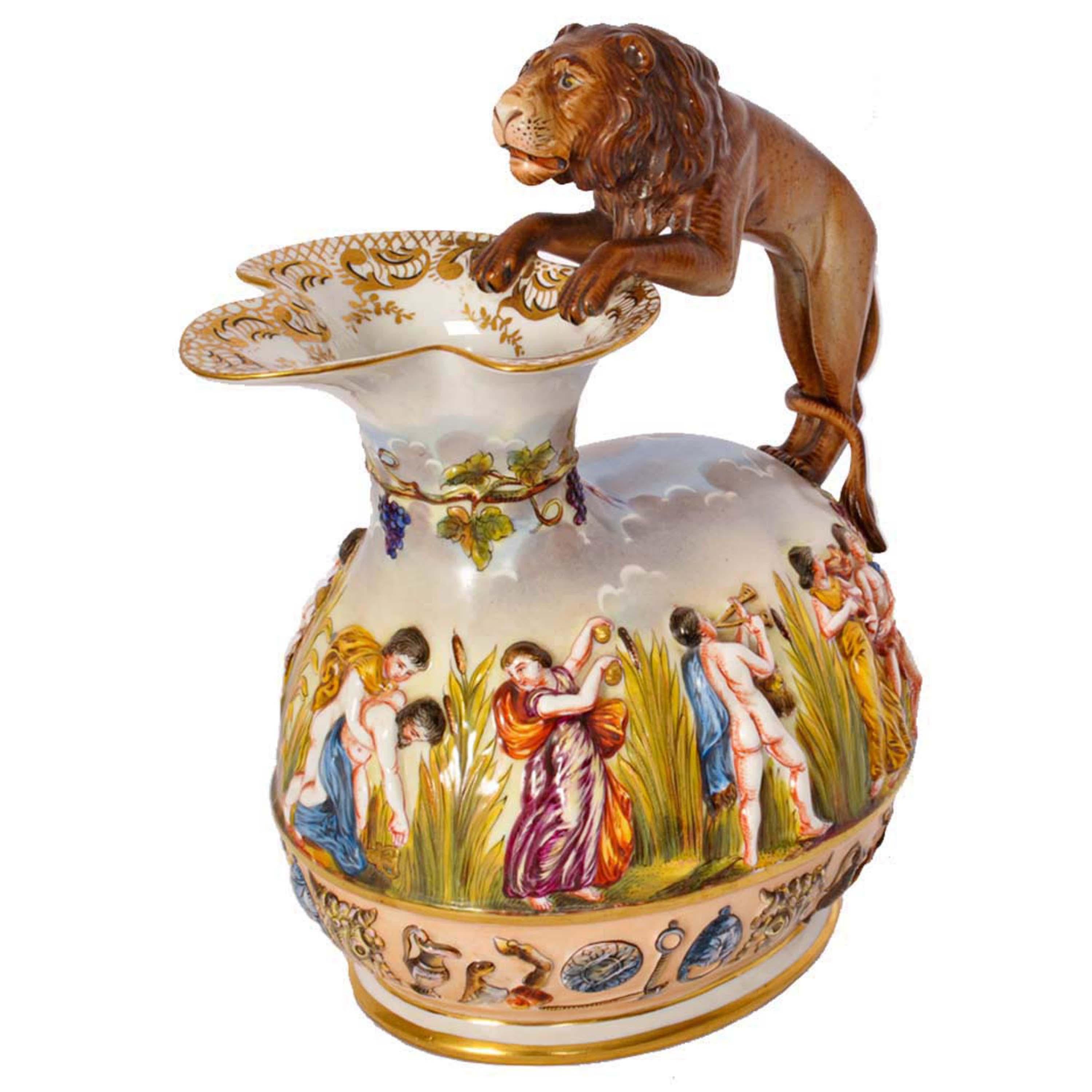 Glazed Antique Italian Porcelain Capodimonte Porcelain Lion Handle Pitcher Jug, 1880