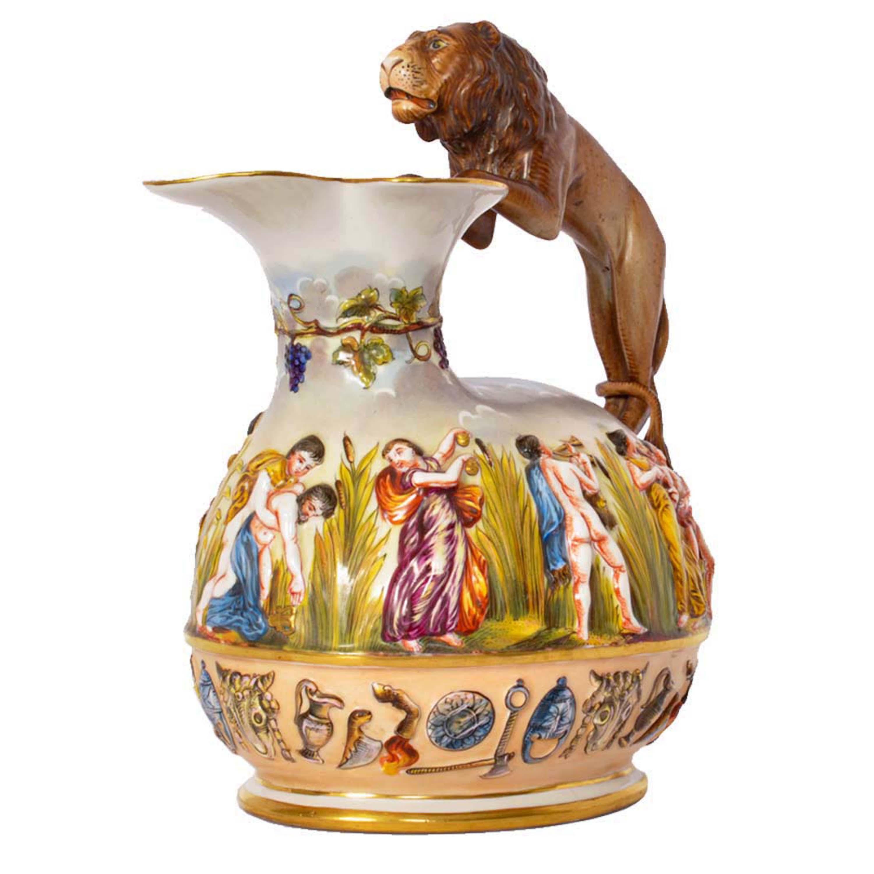 Antique Italian Porcelain Capodimonte Porcelain Lion Handle Pitcher Jug, 1880 In Good Condition In Portland, OR