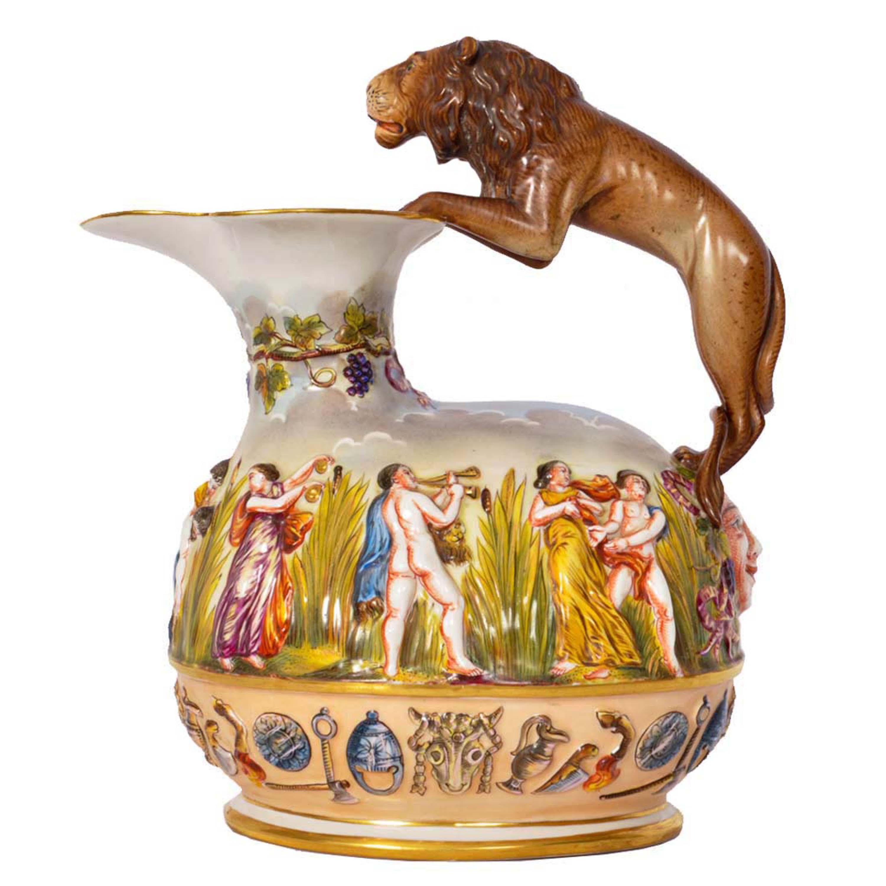 Late 19th Century Antique Italian Porcelain Capodimonte Porcelain Lion Handle Pitcher Jug, 1880
