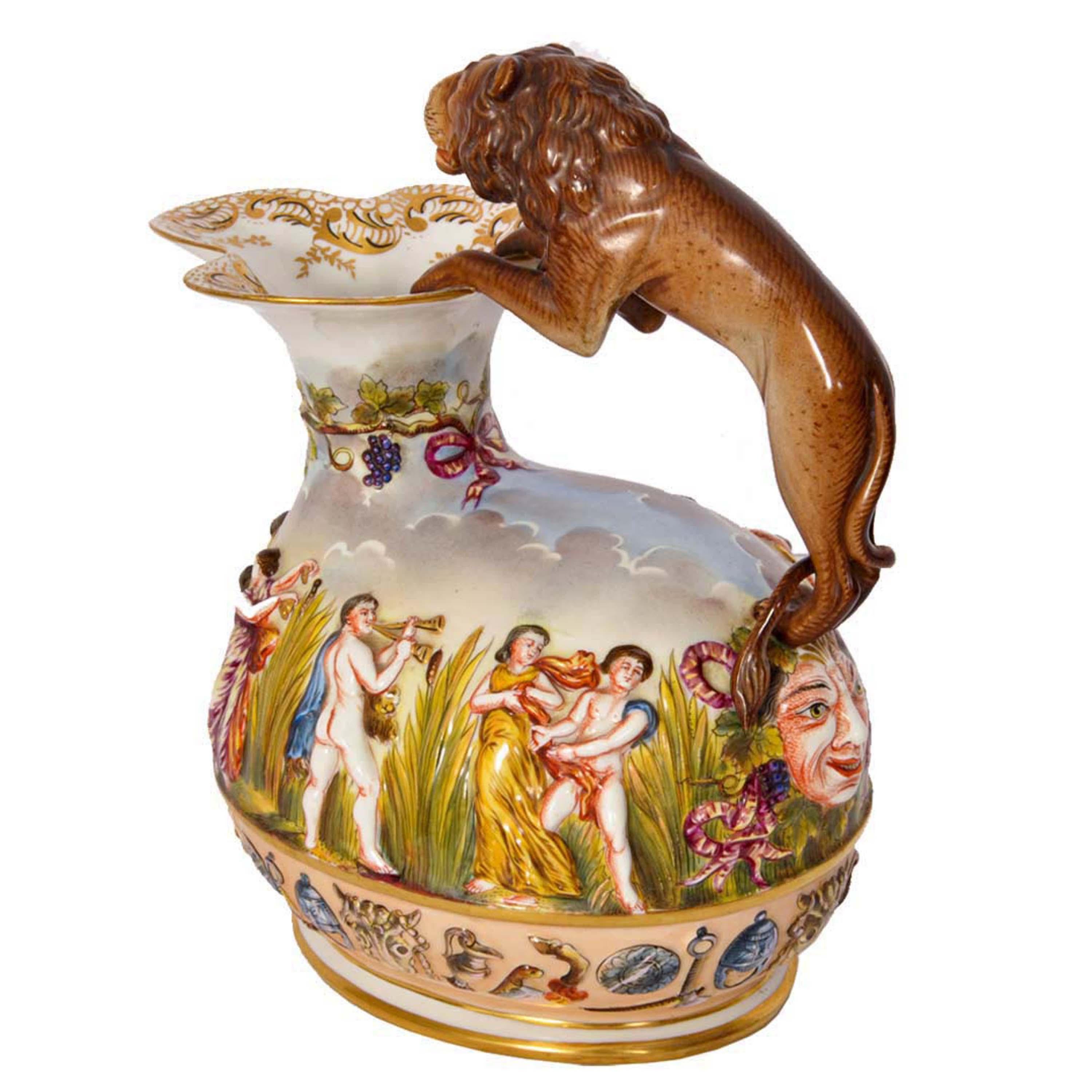 Antique Italian Porcelain Capodimonte Porcelain Lion Handle Pitcher Jug, 1880 1