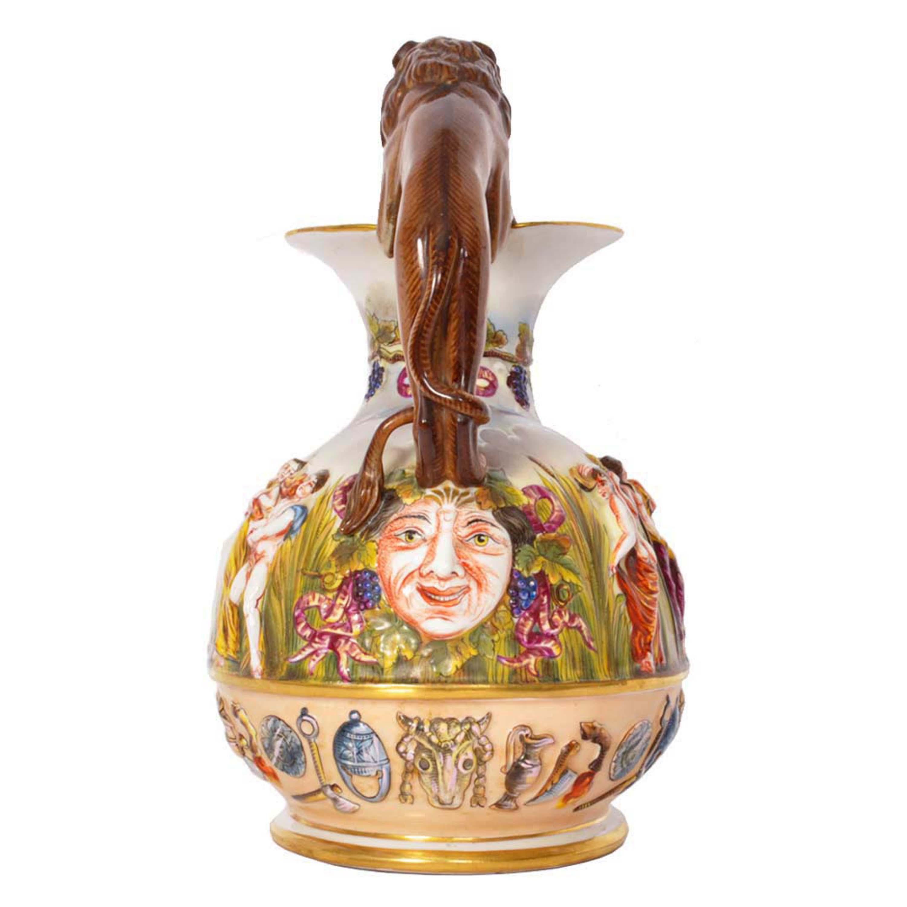 Antique Italian Porcelain Capodimonte Porcelain Lion Handle Pitcher Jug, 1880 3