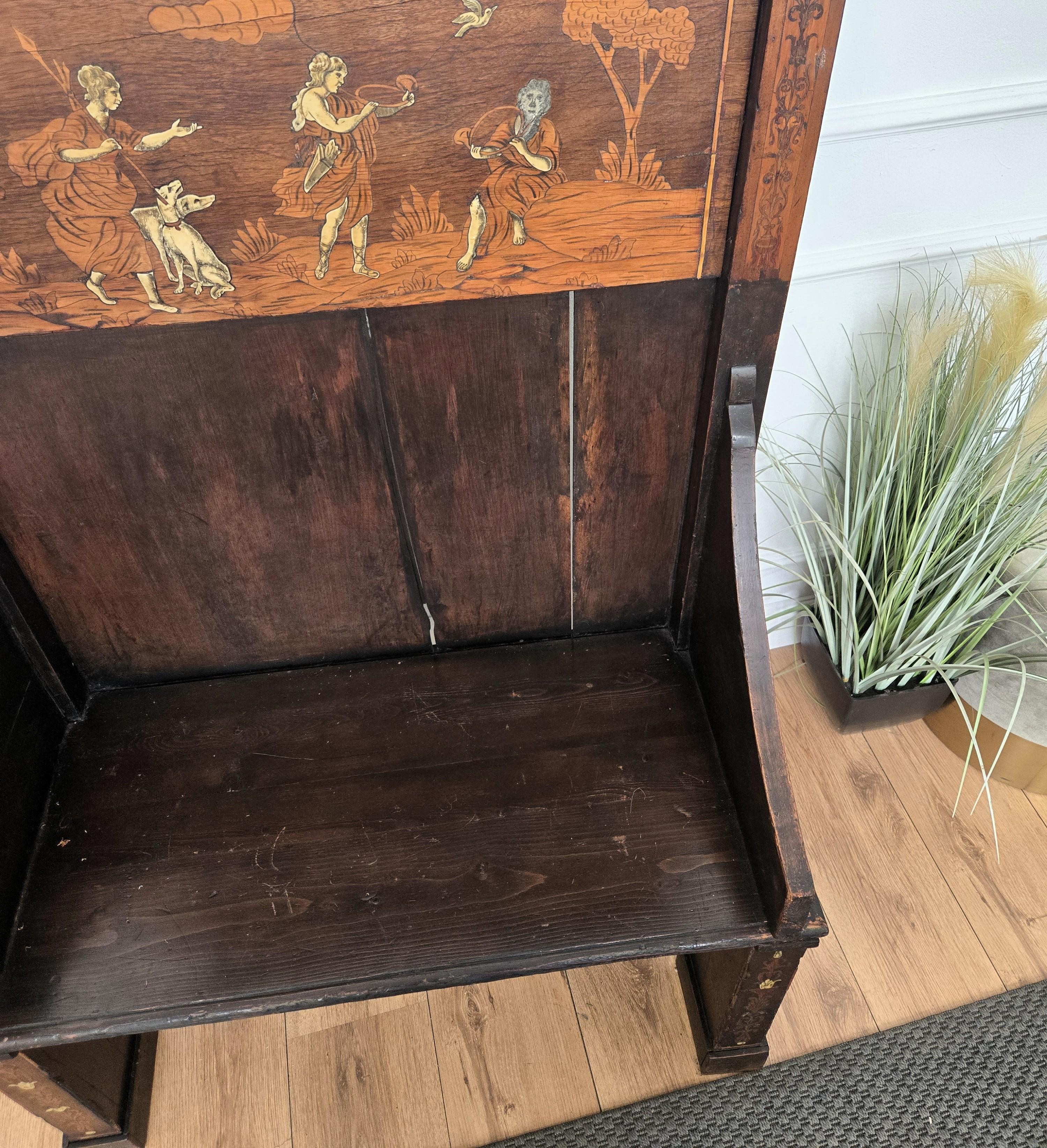 Antique Italian Primitive Rustic Country Marquetry Inlay Wooden Bench For Sale 6