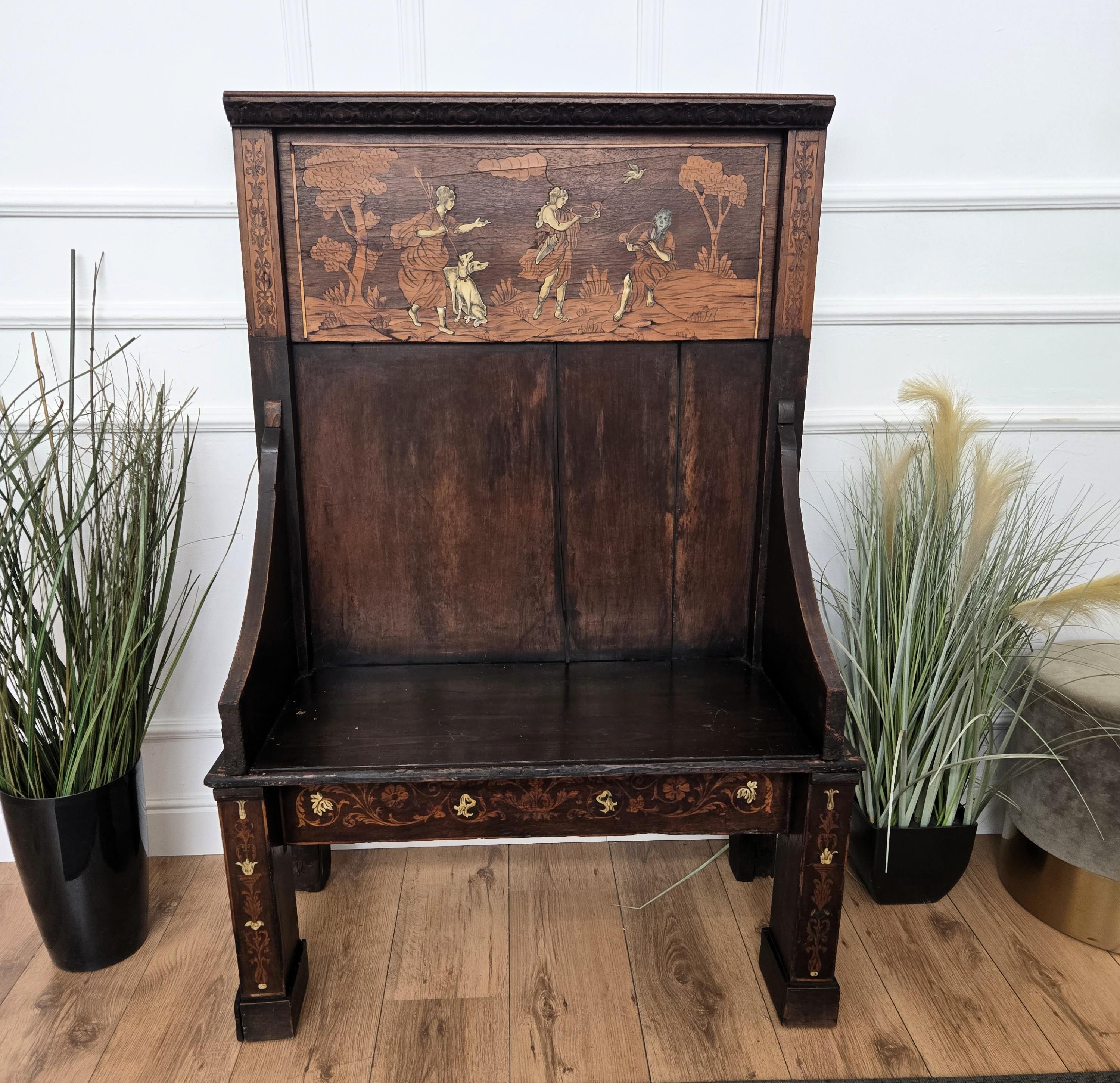 20th Century Antique Italian Primitive Rustic Country Marquetry Inlay Wooden Bench For Sale