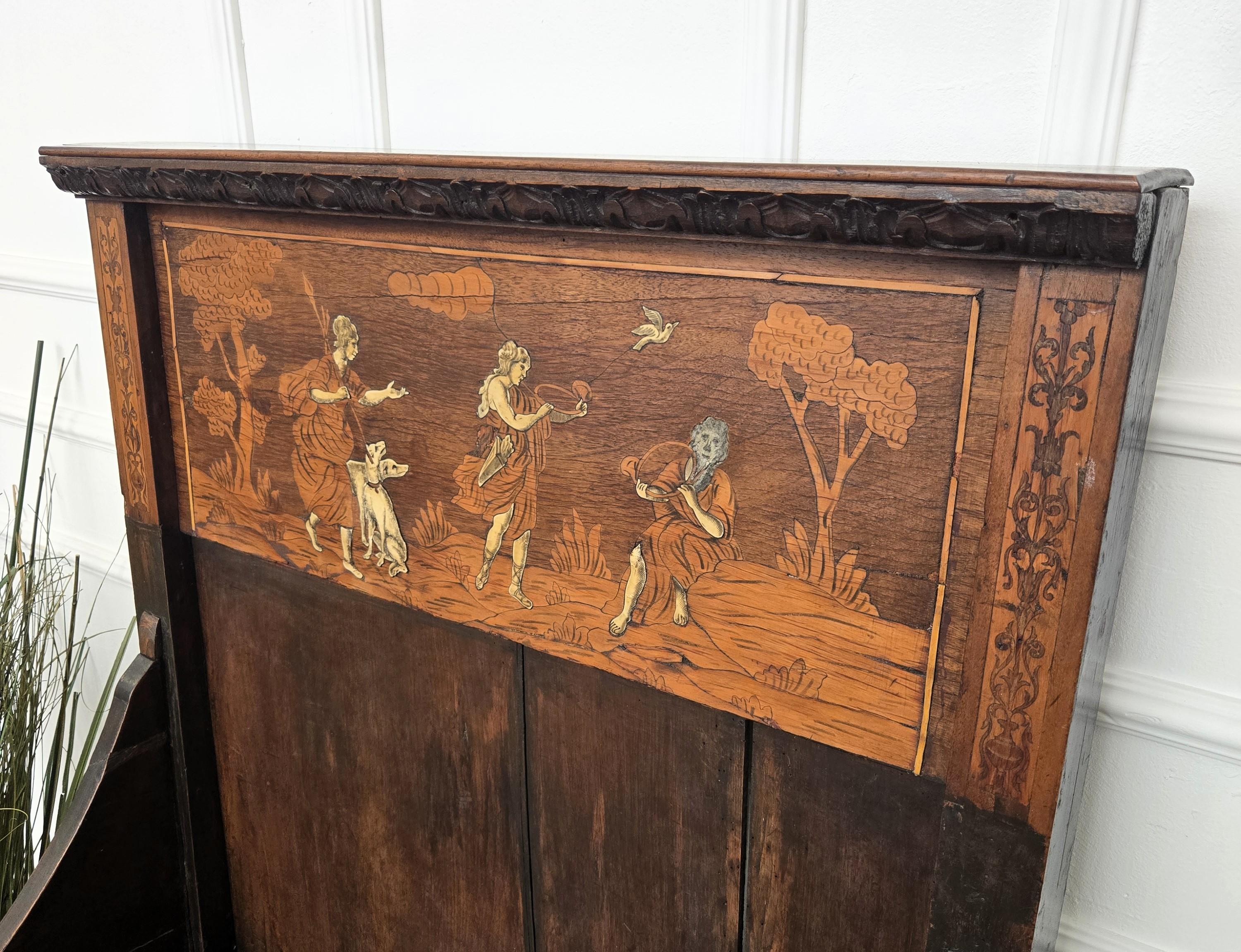 Antique Italian Primitive Rustic Country Marquetry Inlay Wooden Bench For Sale 1