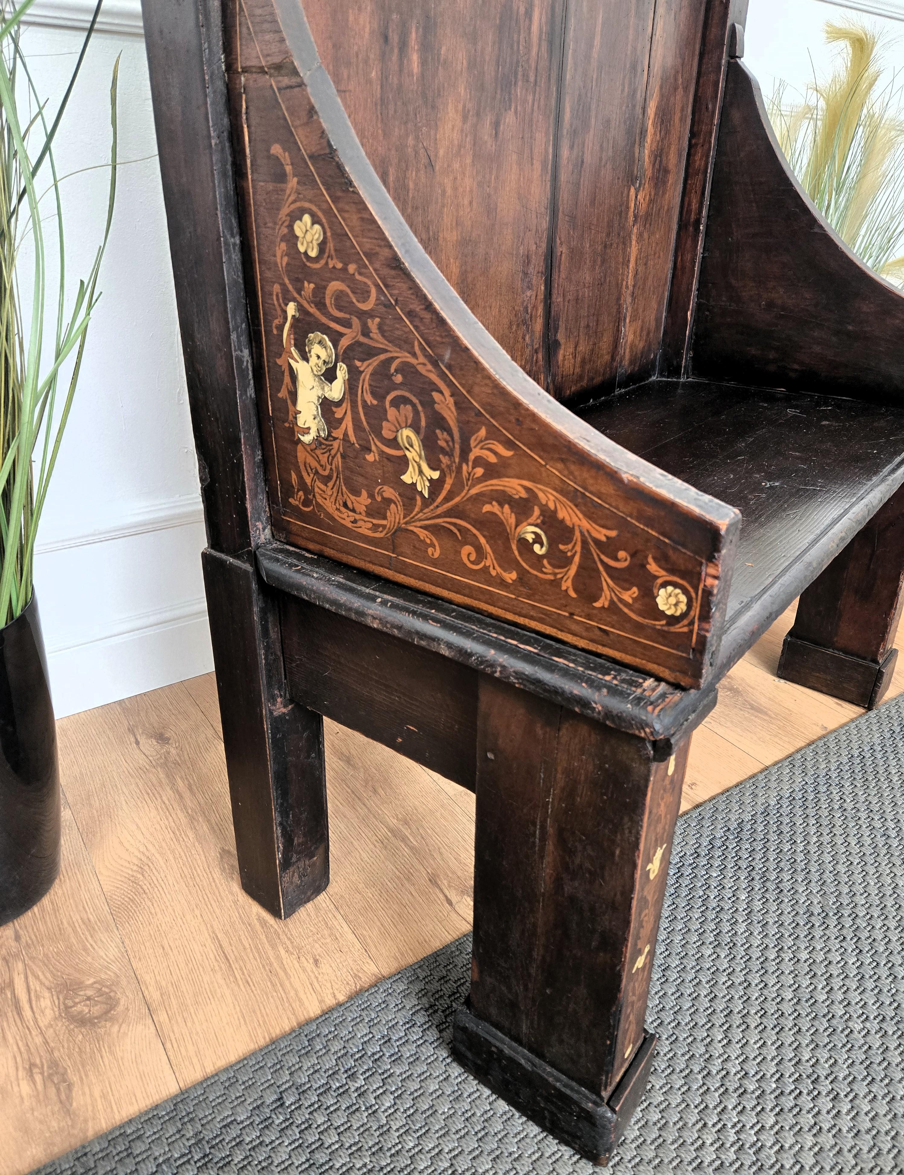 Antique Italian Primitive Rustic Country Marquetry Inlay Wooden Bench For Sale 2